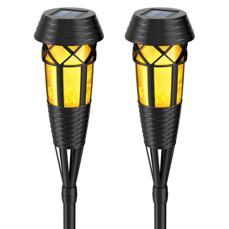 Flickering Flames Solar Powered Lights - Upgraded Solar Torches Waterproof Outdoor Decorative Lighting Auto On/Off, Handmade Bamboo Finish, 2-Pack