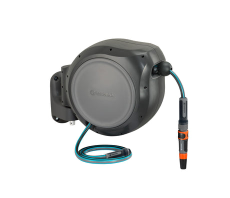 GARDENA 20505, 100' Retractable Garden Hose Reel with US Hose Threads - 100' x 1/2" hose, Automatic Retraction & Length Lock for Easy Watering. Heavy Duty Swivel Bracket 180°, Includes Nozzle.