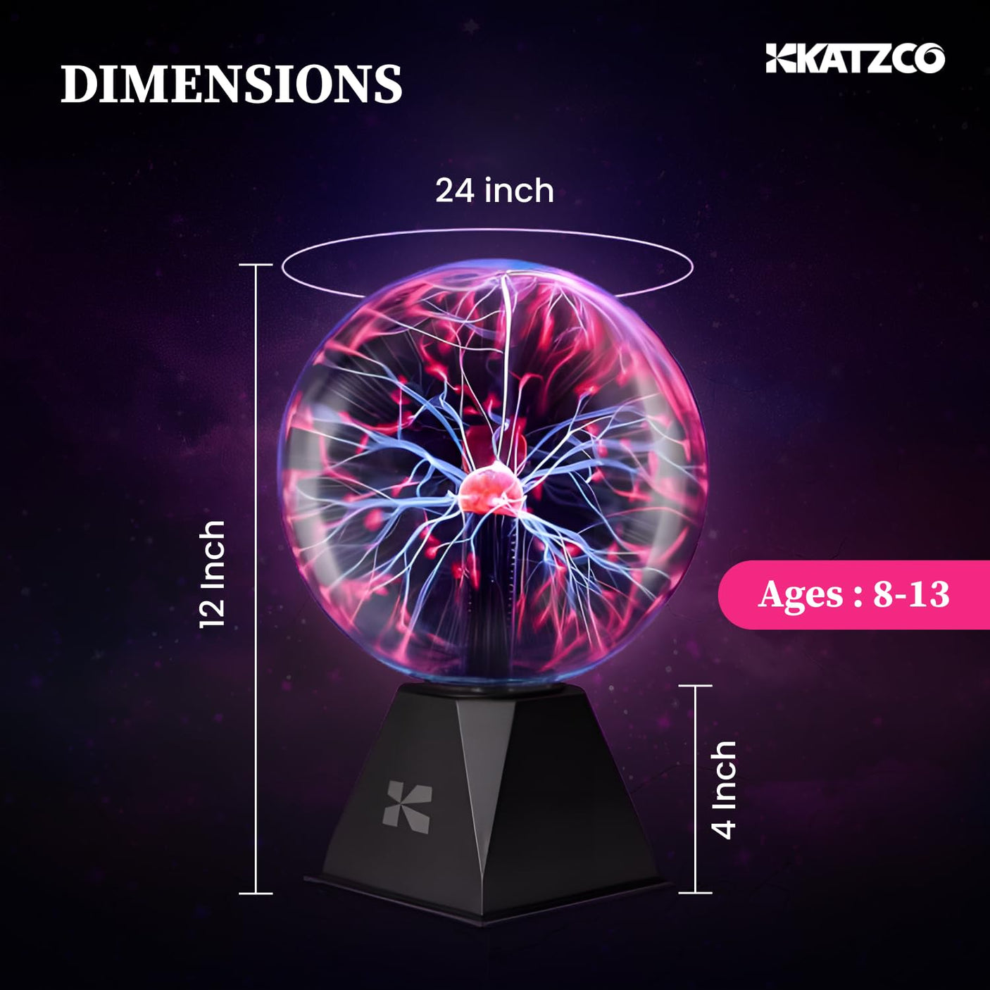 Katzco 7 Inch Plasma Ball Lamp - Touch and Sound Sensitive Electric Globe with Lightning Effects - Plug-in Energy Ball for Parties, Room Decor, and STEM Learning - Static Electricity Sphere for Kids