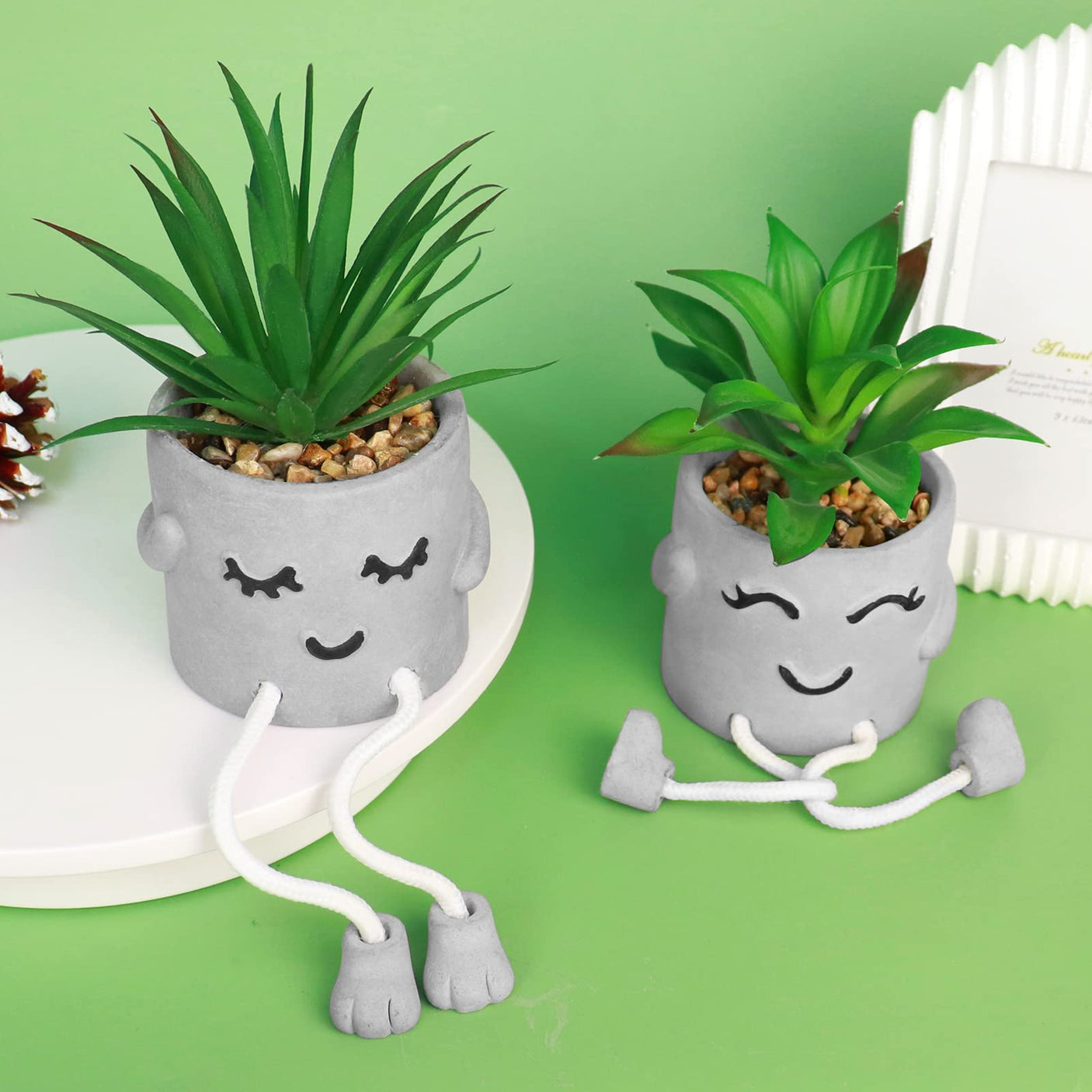 Zerzsy 3pcs Creative Artificial Succulents with Gray Flower Pots, Mini Potted Succulents for Home Office Desk Decor and Gift Choice