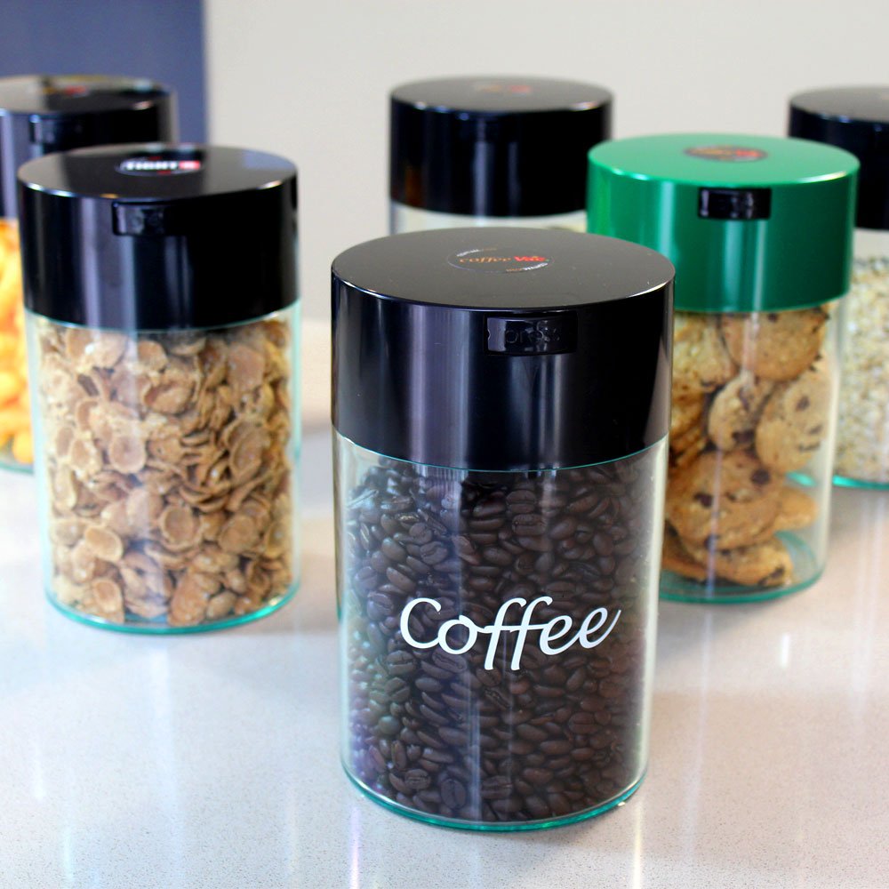 1LB Patented Airtight Multi-use Vacuum Works as Smell Proof Ground Coffee Bean Containers. Black Cap and Body, 1.85-Liter/1.6-Quart