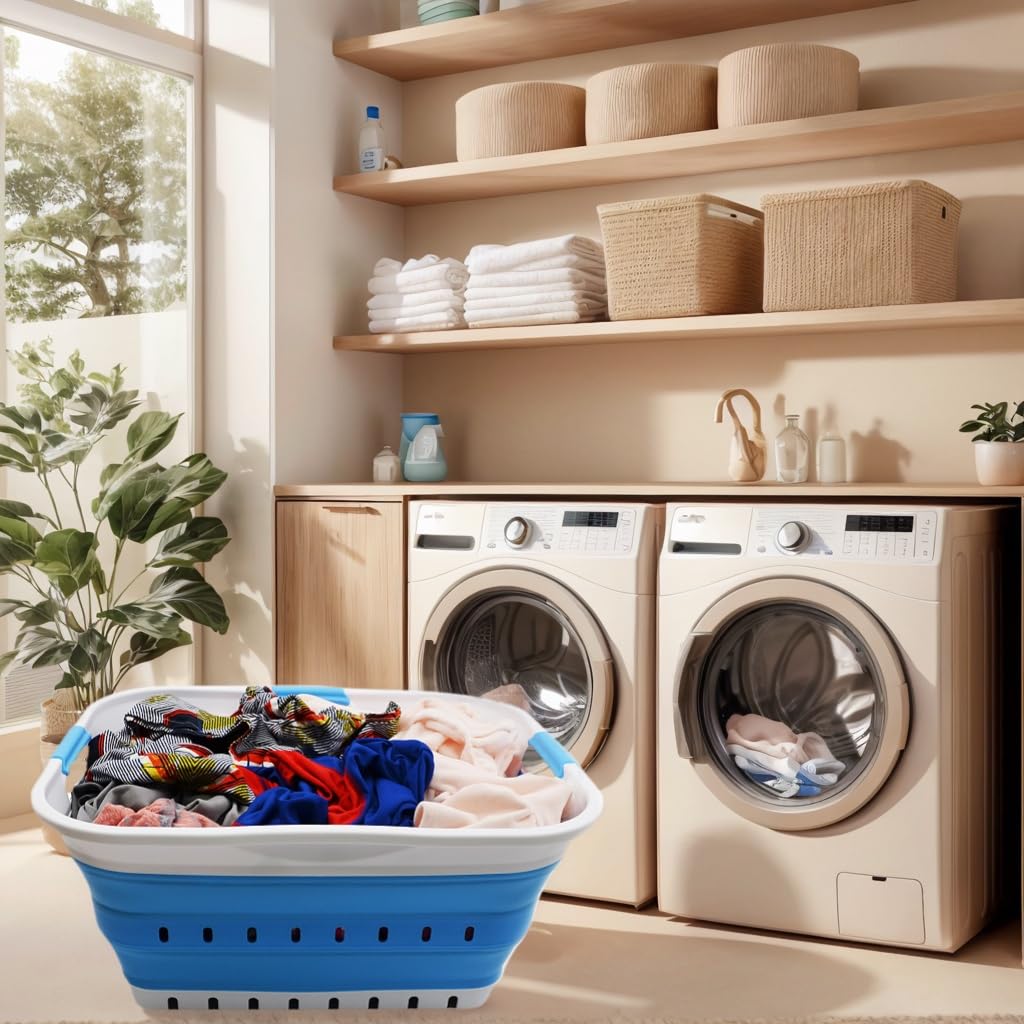 SAMMART 42L (11 gallon) Collapsible Plastic Laundry Basket - Foldable Pop Up Storage Container/Organizer - Space Saving Hamper/Basket (1, White/Grey)
