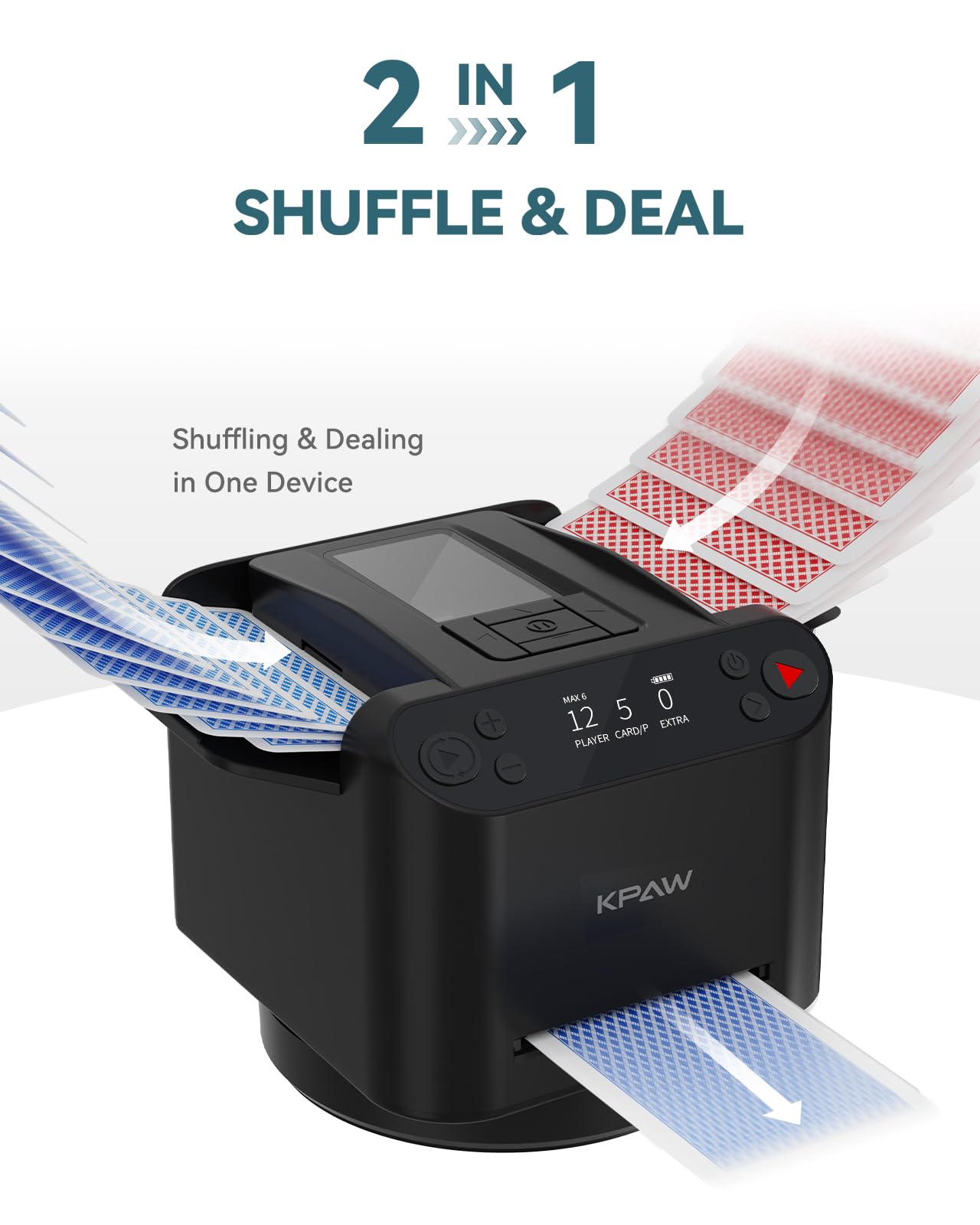 Automatic Card Shuffler and Dealer - 1-2 Decks Support 12 Players, 4 Drawing Remotes, Built-in Gameplays, 360°/180° Deal, for Poker, UNO, Phase 10, Skip-Bo, Rummy (Black)