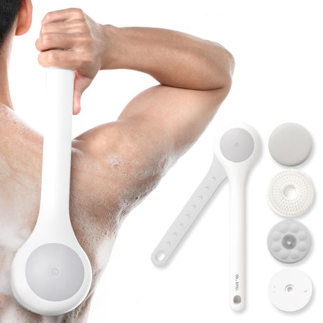 Electric Body Brush Back Scrubber for Shower, Waterproof Long Dual Handle Power Body Scrubber with 3 Heads, Rechargeable Bath Brush & 2 Speeds, for Cleansing, Exfoliating and Massaging Skin