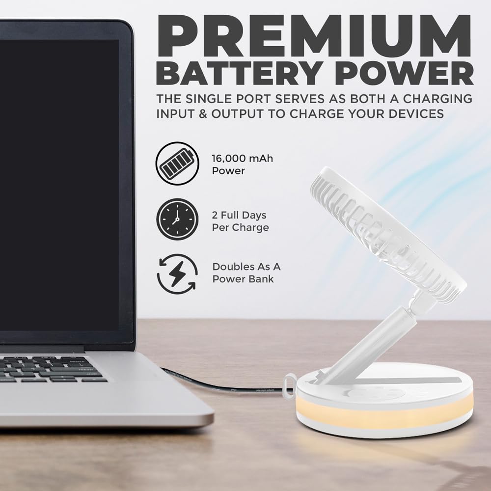 VENTY Original Portable Fan - Wireless Battery Operated Fan With 4 Speeds, LED Lighting, Carry Case & Remote Control - Premium Travel Rechargeable Fan & Power Bank With USB & USB-C Ports (Black)