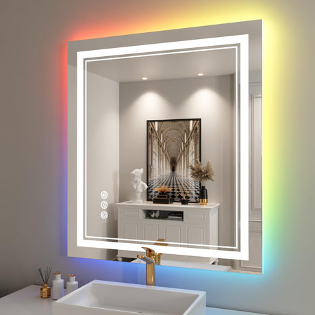 60x30 Inch LED Bathroom Mirror with Lights, Color Changing RGD Backlit and Front Light Mirror,Lighted Vanity Mirrors for Bathroom Wall, Dimmable, Anti-Fog,Shatterproof,Memory