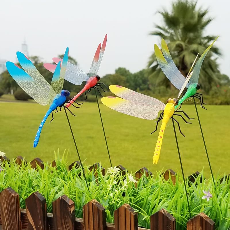 6 Pack Dragonfly Clip,3D Dragonfly Garden Stakes Decor,Fly Deterrent, Dragonfly Humming Bird Stakes,Deer and Horse Fly Deterrent,Garden Bird and Fly Scare Devices for Indoor Outdoor Garden