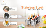 Stainless Steel Popsicle Molds and Rack - 10 Square Ice Pop Makers + 50 Reusable Bamboo Sticks + 20 Silicone Seals + 1 Cleaning Brush + 1 Rack