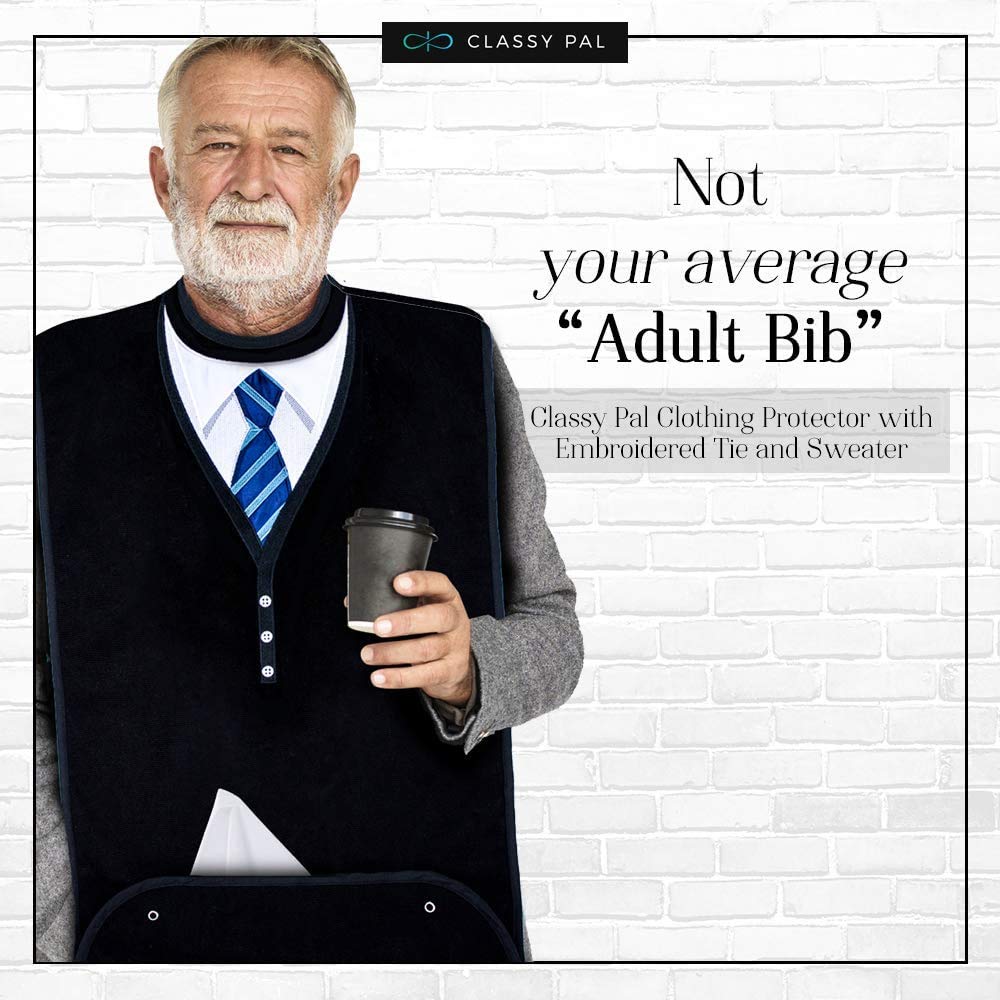 Adult Bibs for Men, Dress ‘n Dine™ Clothing Protectors for Eating, Senior Adult Bib Terry Cloth Crumb Catcher, Embroidered Design, Waterproof, Reusable, Washable (Blue Tie + Tuxedo)