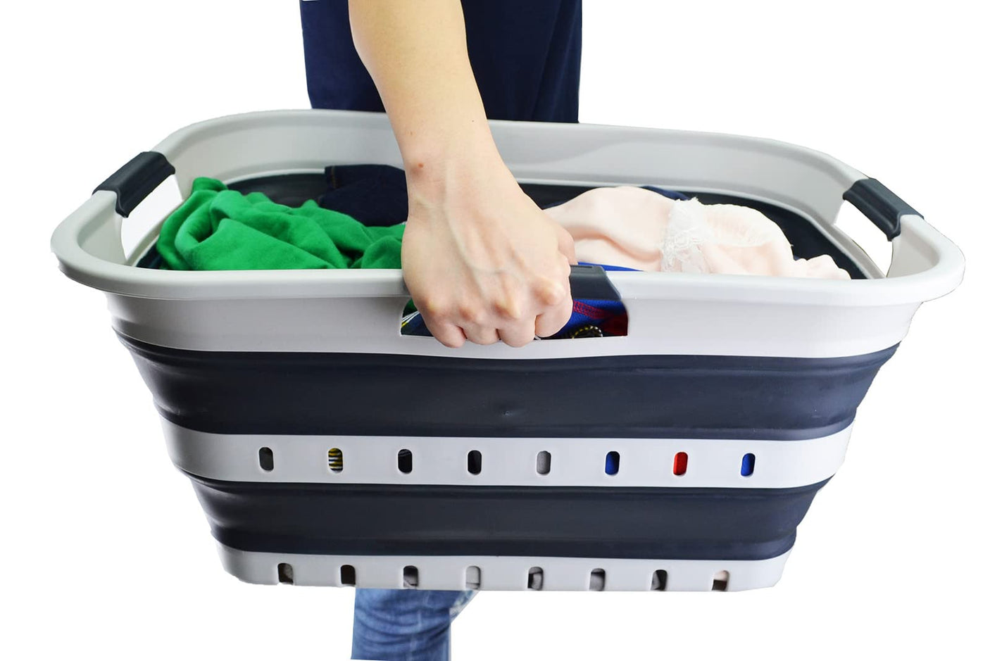 SAMMART 42L (11 gallon) Collapsible Plastic Laundry Basket - Foldable Pop Up Storage Container/Organizer - Space Saving Hamper/Basket (1, White/Grey)