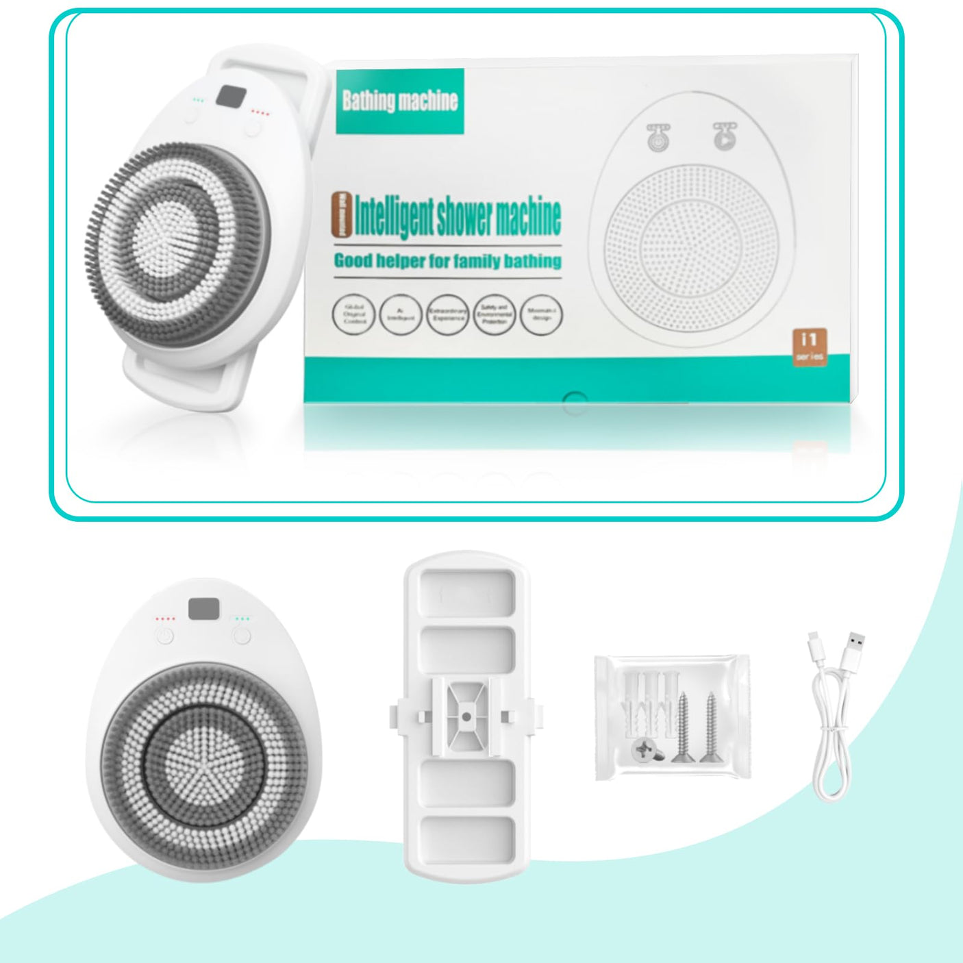 Electric Back Scrubber for Shower, Wall Mounted Electric Shower Back Scrubber, Dry Brushing Body Brush for Bathing, Cleansing, Exfoliating and Massaing, with 3 Spin Skin Bath Brush Heads
