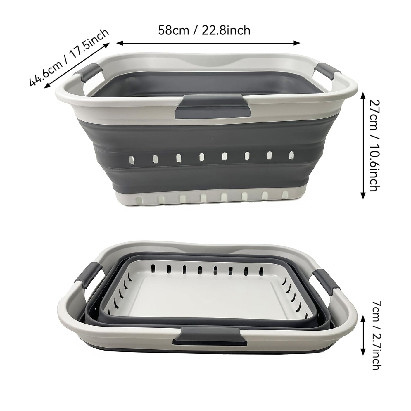 SAMMART 42L (11 gallon) Collapsible Plastic Laundry Basket - Foldable Pop Up Storage Container/Organizer - Space Saving Hamper/Basket (1, White/Grey)