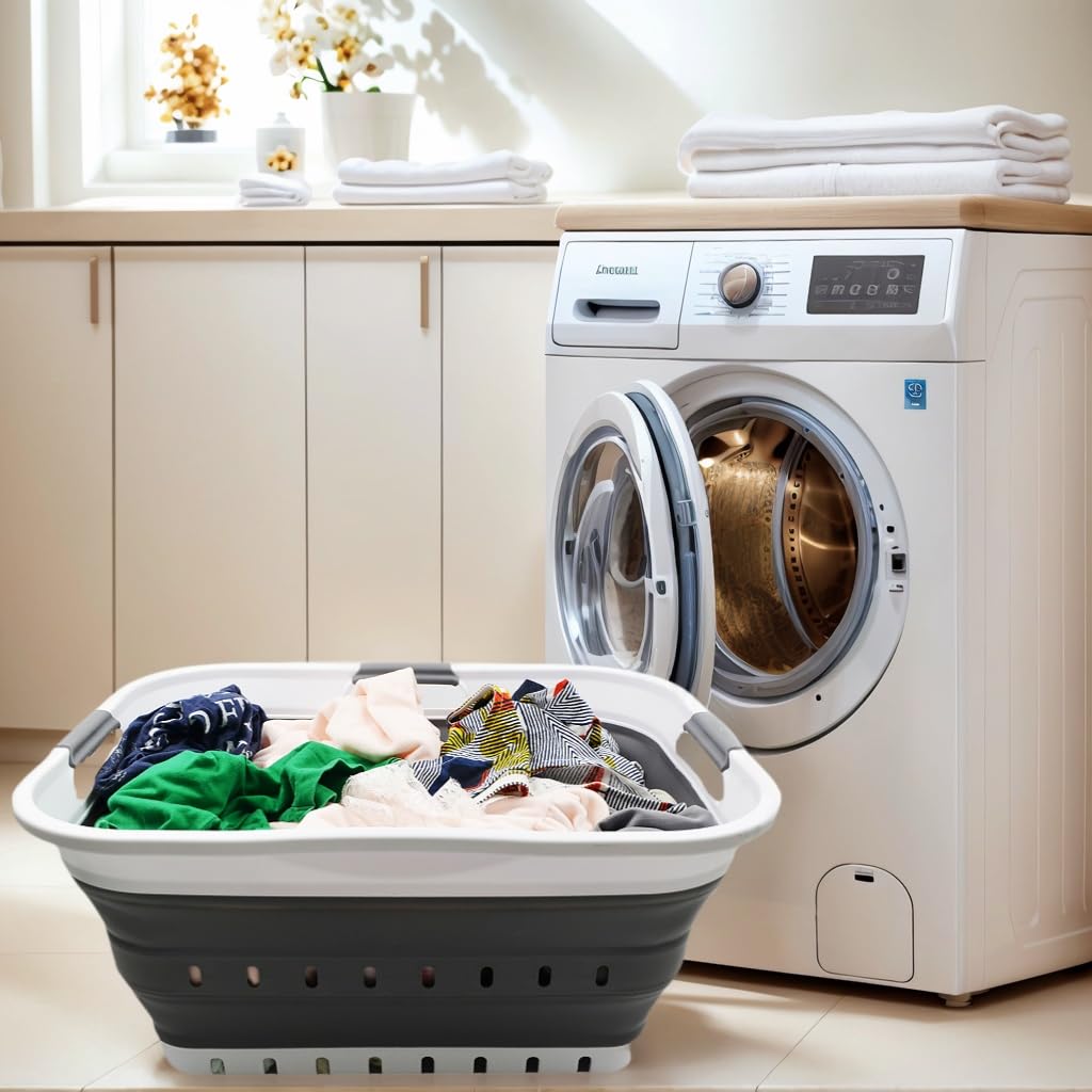 SAMMART 42L (11 gallon) Collapsible Plastic Laundry Basket - Foldable Pop Up Storage Container/Organizer - Space Saving Hamper/Basket (1, White/Grey)