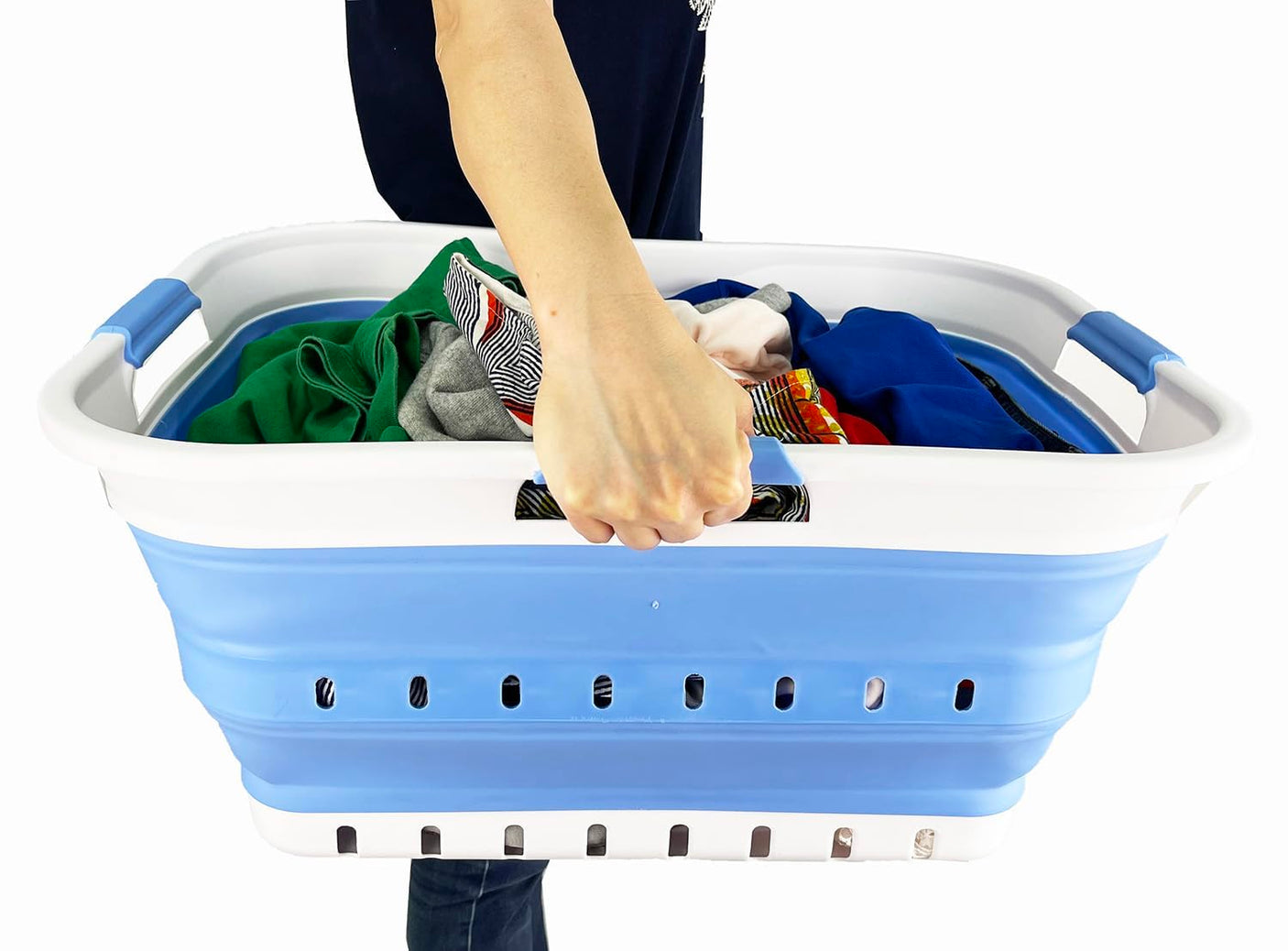SAMMART 42L (11 gallon) Collapsible Plastic Laundry Basket - Foldable Pop Up Storage Container/Organizer - Space Saving Hamper/Basket (1, White/Grey)