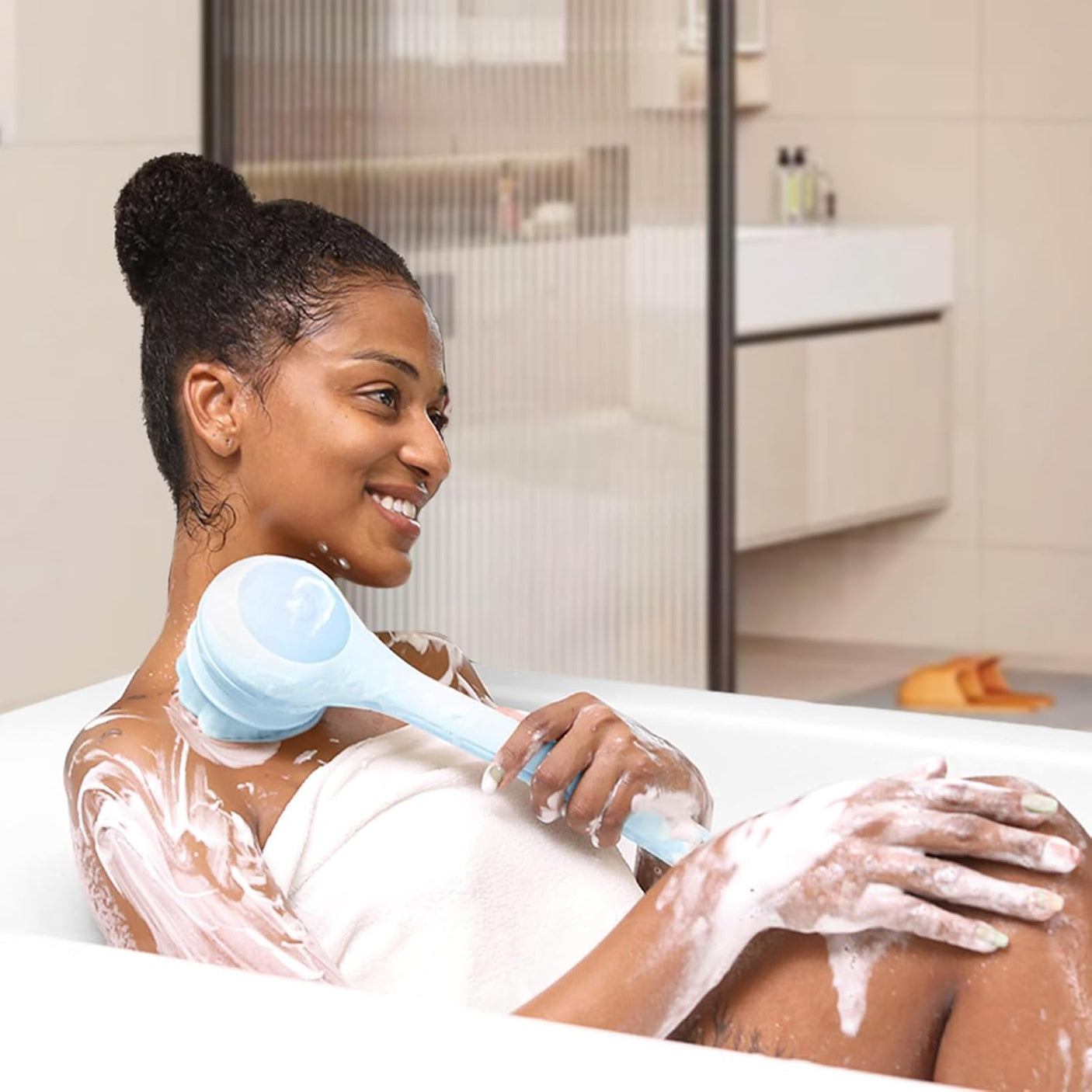 Electric Body Brush Back Scrubber for Shower, Waterproof Long Dual Handle Power Body Scrubber with 3 Heads, Rechargeable Bath Brush & 2 Speeds, for Cleansing, Exfoliating and Massaging Skin