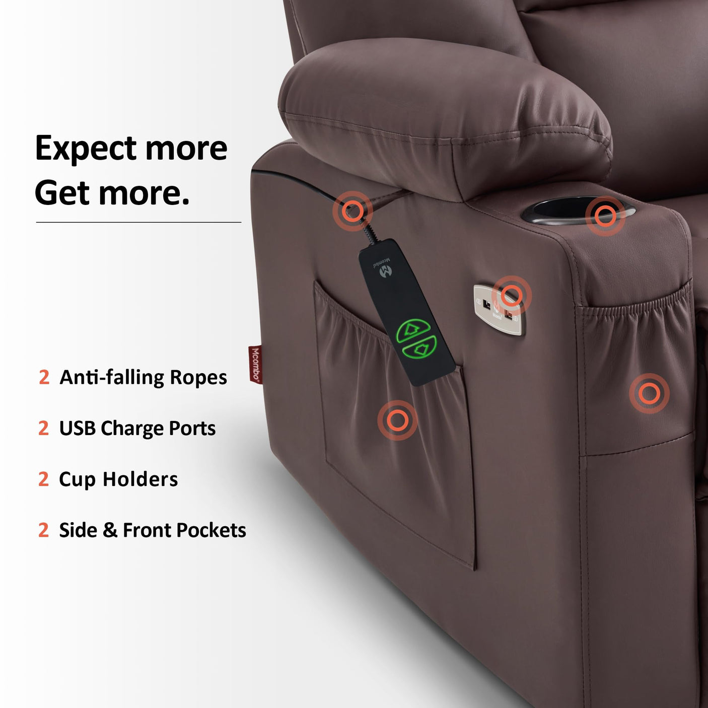MCombo Power Lift Recliner Chair for Elderly, Lift Chair with Heat and Massage, USB Ports, Cup Holders, Faux Leather 7519 (Medium, Dark Brown)