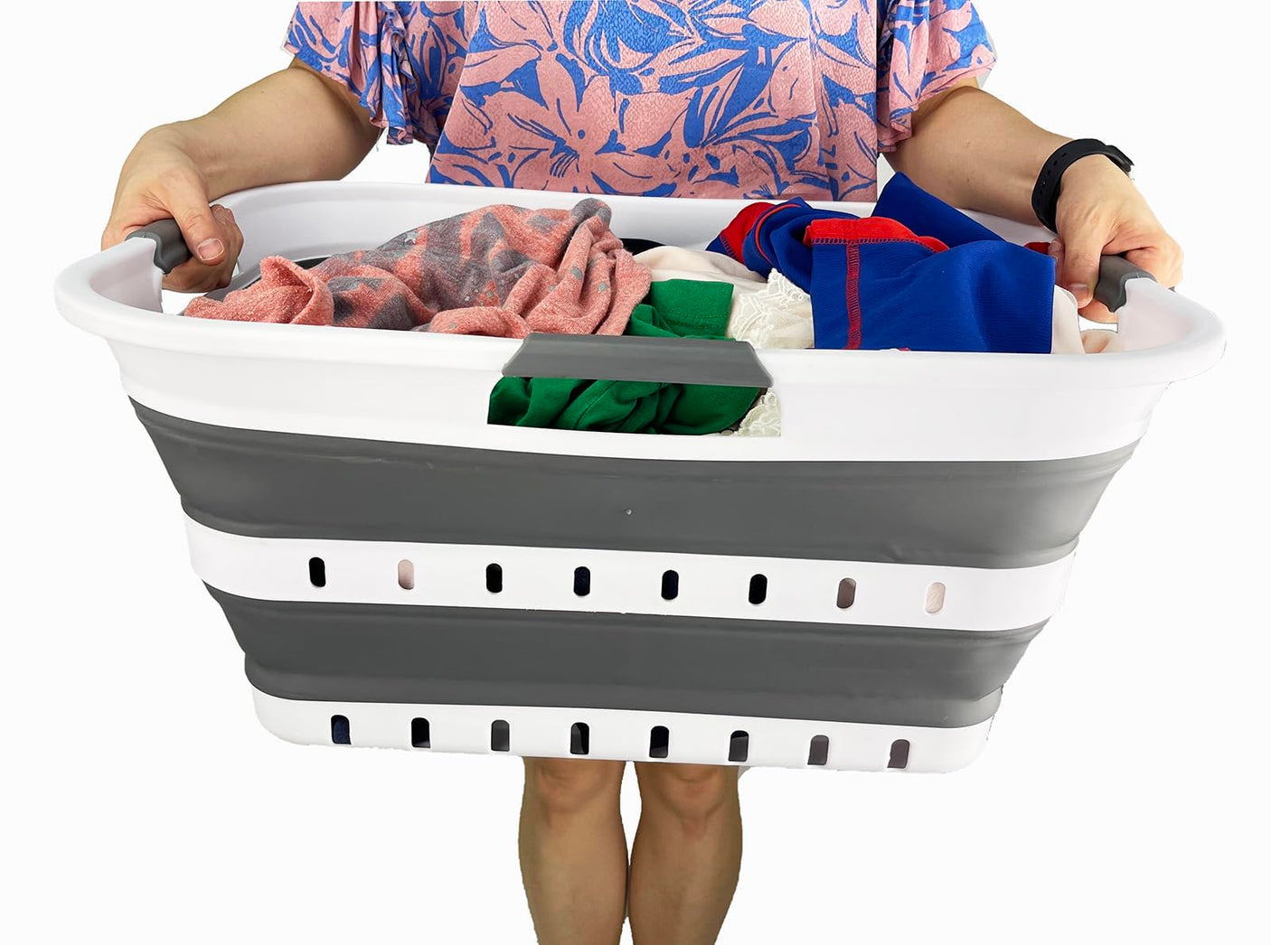 SAMMART 42L (11 gallon) Collapsible Plastic Laundry Basket - Foldable Pop Up Storage Container/Organizer - Space Saving Hamper/Basket (1, White/Grey)