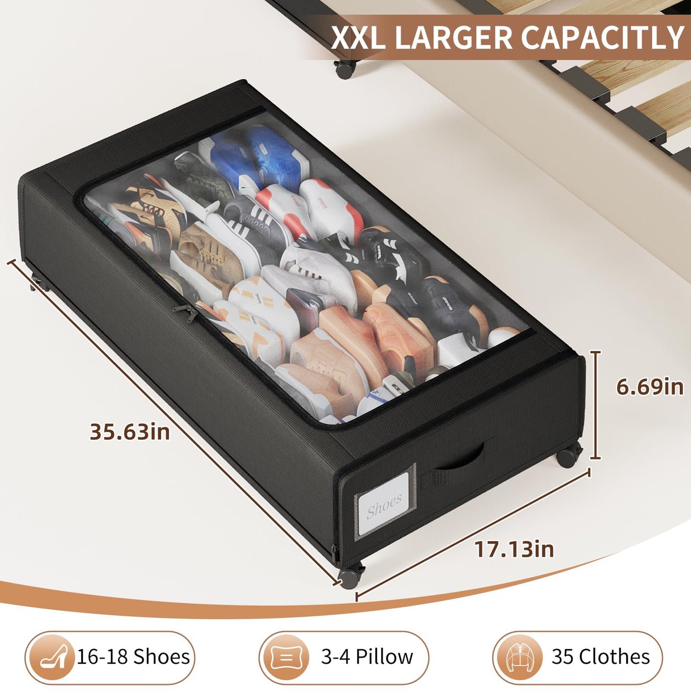 XXXXL Extra Long Under Bed Storage with Wheels,BIGGEST Size Available(66L) under the bed storage Organizer with Lid&Label,Rolling Under the bed Metal Drawer for Clothes,Shoes,Toys(36x17x 6In)