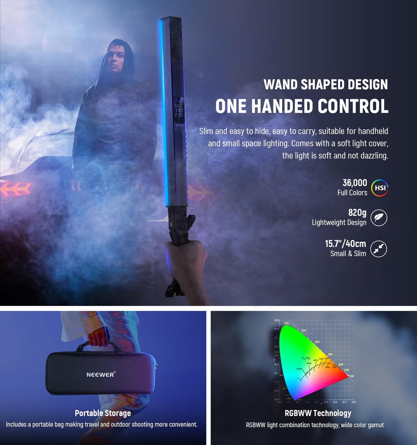 NEEWER RGB LED Video Light Stick, Touch Bar & APP Control, Magnetic Handheld Photography Lighting Wand, Dimmable 3200K~5600K CRI98+ Full Color LED Light with 6400mAh Battery, 17 Scenes, RGB1