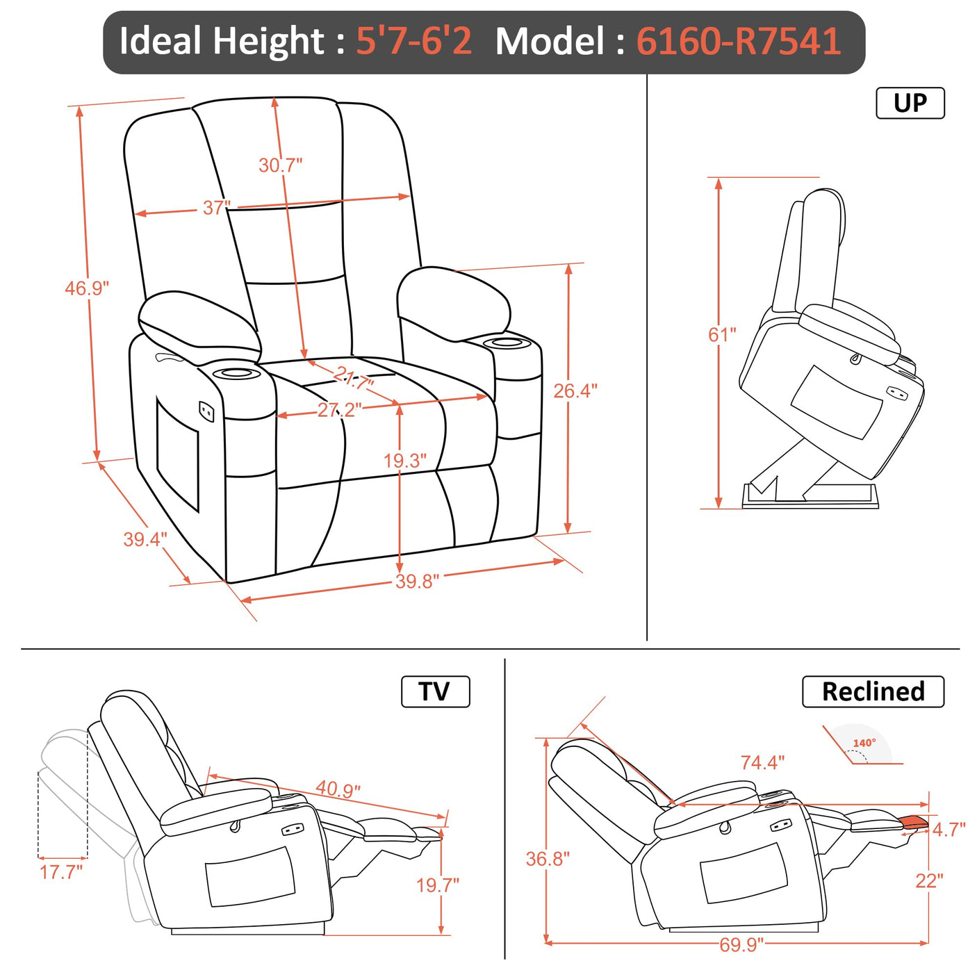 MCombo Power Lift Recliner Chair for Elderly, Lift Chair with Heat and Massage, USB Ports, Cup Holders, Faux Leather 7519 (Medium, Dark Brown)