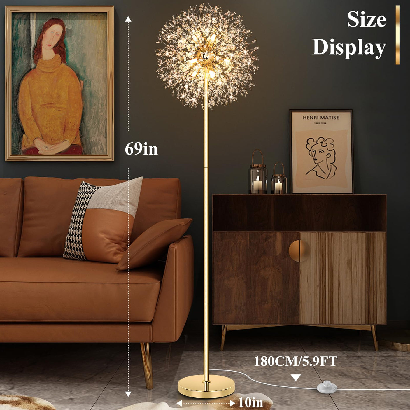 BesLowe 69'' Crystal Floor Lamp for Living Room, Modern Standing Lamp with 738PCS K9 Crystals, Tall Lamp Pole Light for Bedroom Office, Mid Century Gold Floor Lighting with 9 LED Bulbs, Antique Brass