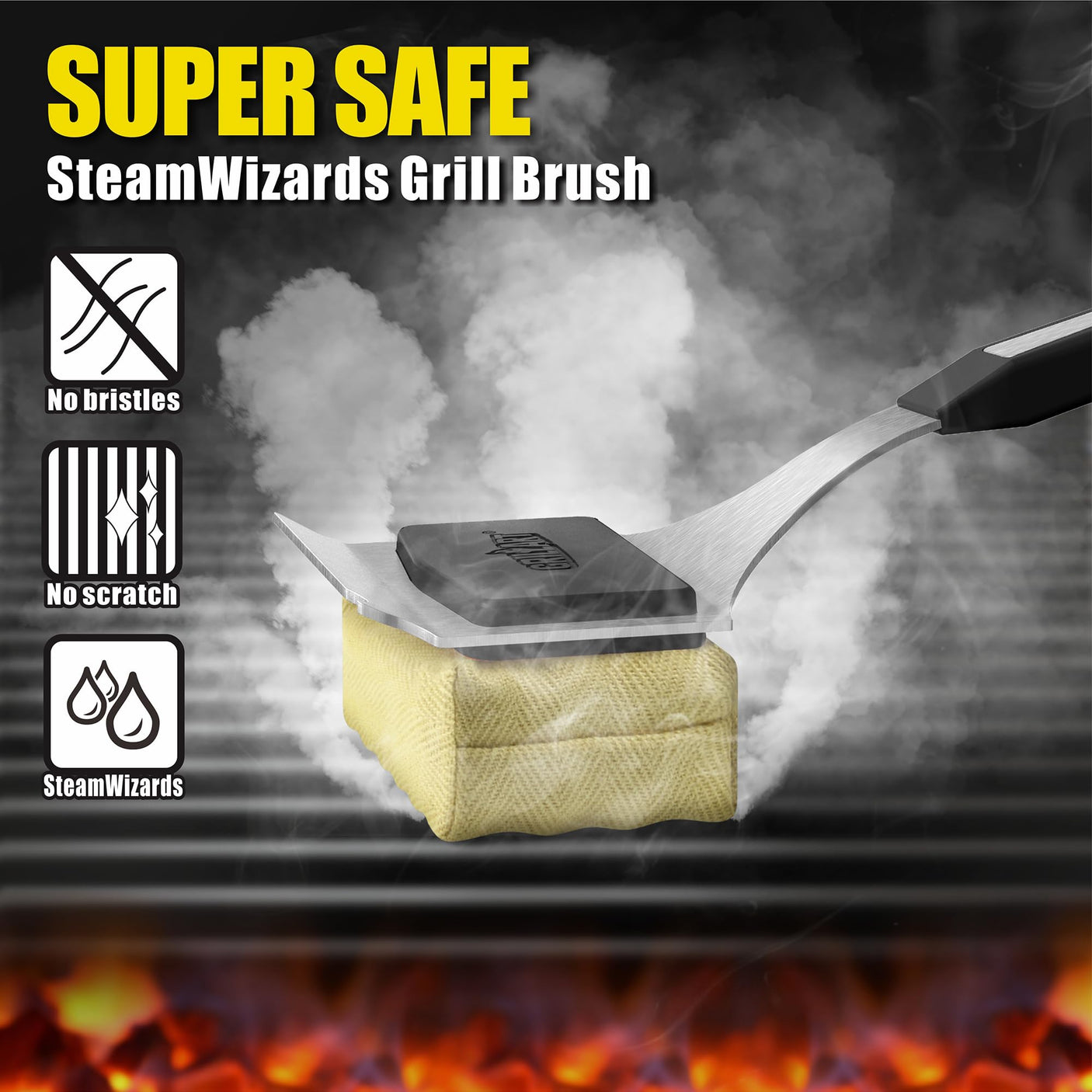 GRILLART Grill Brush Bristle Free. SteamWizards BBQ Replaceable Cleaning Head, Unique Seamless-Fit Scraper Tool for Cast Iron/Stainless-Steel Grates, Safe Barbecue Grill Cleaner-Red