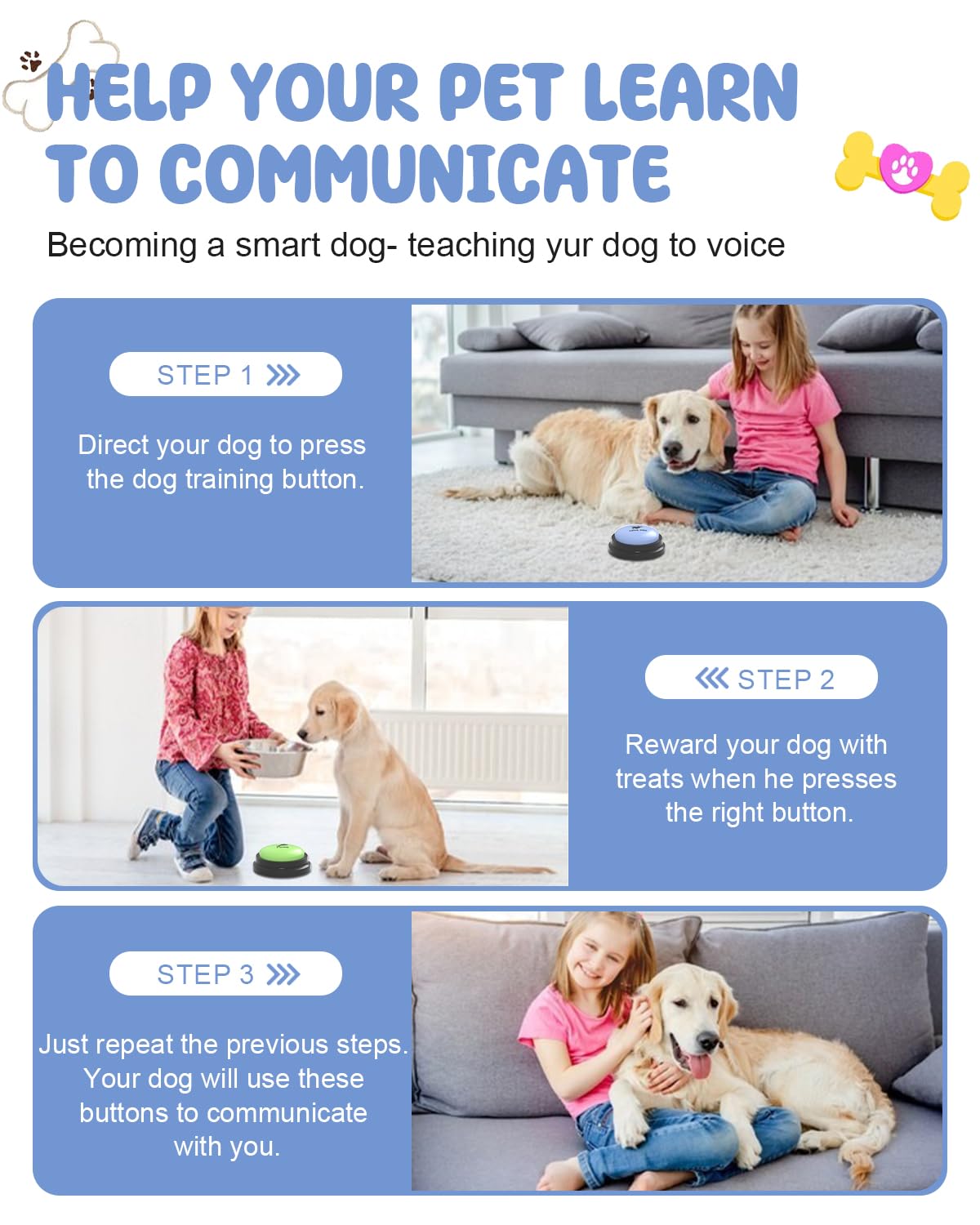 Dog Buttons for Communication, 8 Pcs Dog Talking Button Set, 30s Recordable Voice Pet Buzzer Training Buttons, Speaking Button for Dogs with Waterproof Anti-Slip Dog Button Mat and 48 Scene Stickers