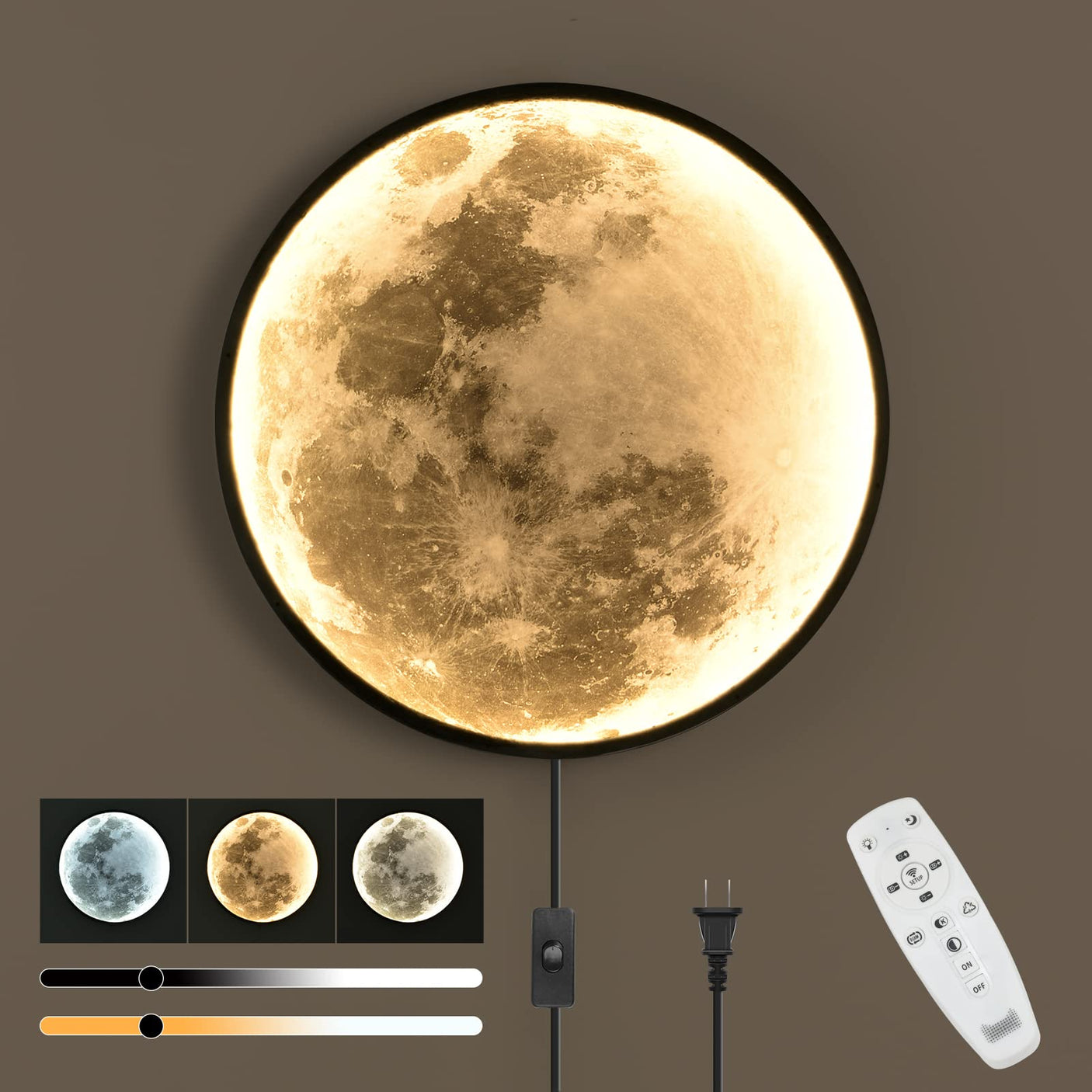 QIYIMEILUX Dimmable Moon Wall Sconce Plug in Modern LED Wall Light with Remote Control 19.7 inch 24W Black Wall Lamp Indoor Wall Mounted Lighting Ceiling Light for Living Room Bedroom（Moon）