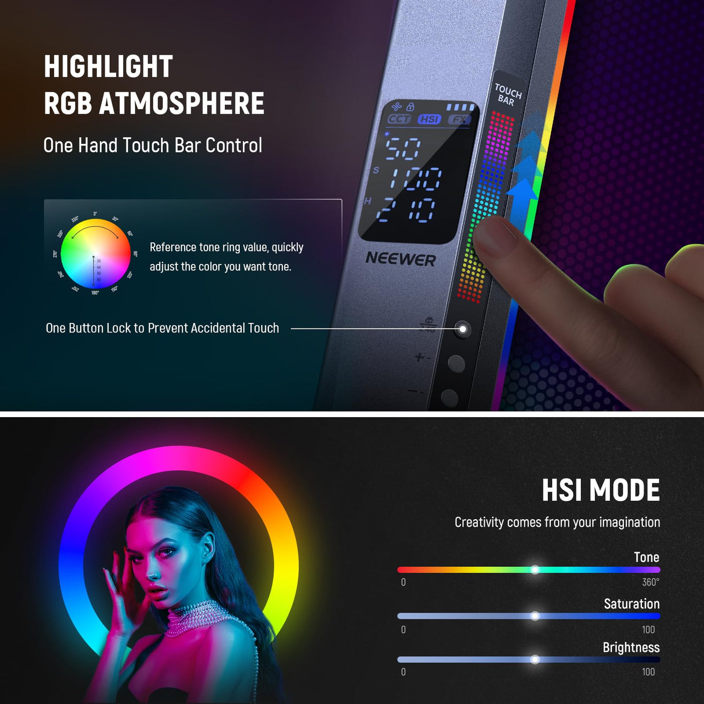 NEEWER RGB LED Video Light Stick, Touch Bar & APP Control, Magnetic Handheld Photography Lighting Wand, Dimmable 3200K~5600K CRI98+ Full Color LED Light with 6400mAh Battery, 17 Scenes, RGB1