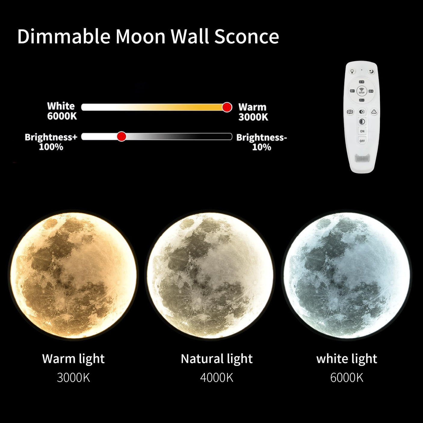 QIYIMEILUX Dimmable Moon Wall Sconce Plug in Modern LED Wall Light with Remote Control 19.7 inch 24W Black Wall Lamp Indoor Wall Mounted Lighting Ceiling Light for Living Room Bedroom（Moon）