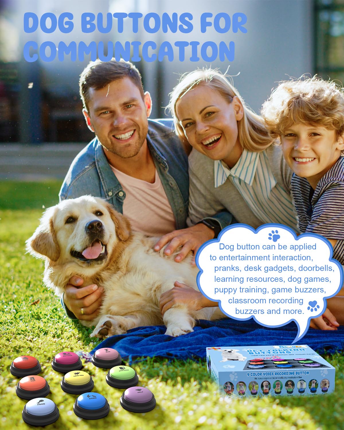 Dog Buttons for Communication, 8 Pcs Dog Talking Button Set, 30s Recordable Voice Pet Buzzer Training Buttons, Speaking Button for Dogs with Waterproof Anti-Slip Dog Button Mat and 48 Scene Stickers