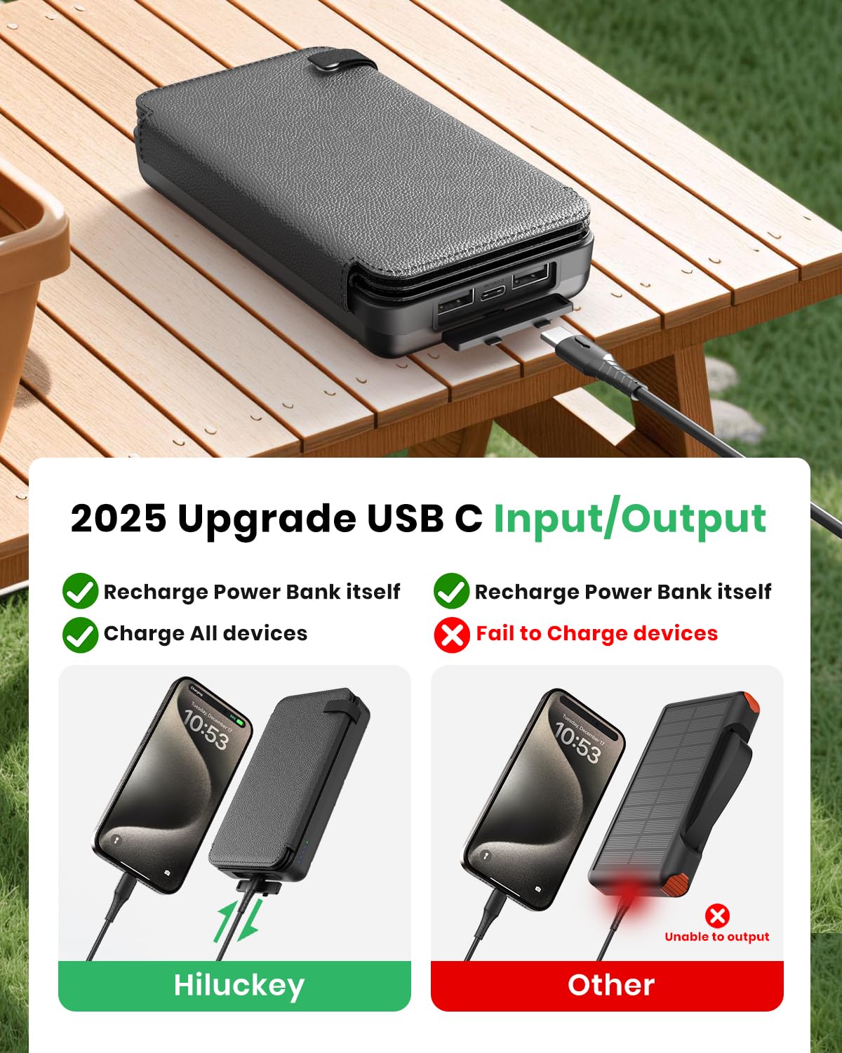 Hiluckey Solar Charger 25000mAh, Outdoor USB C Portable Power Bank with 4 Solar Panels, 3A Fast Charge External Battery Pack with 3 USB Outputs Compatible with Smartphones, Tablets, etc.