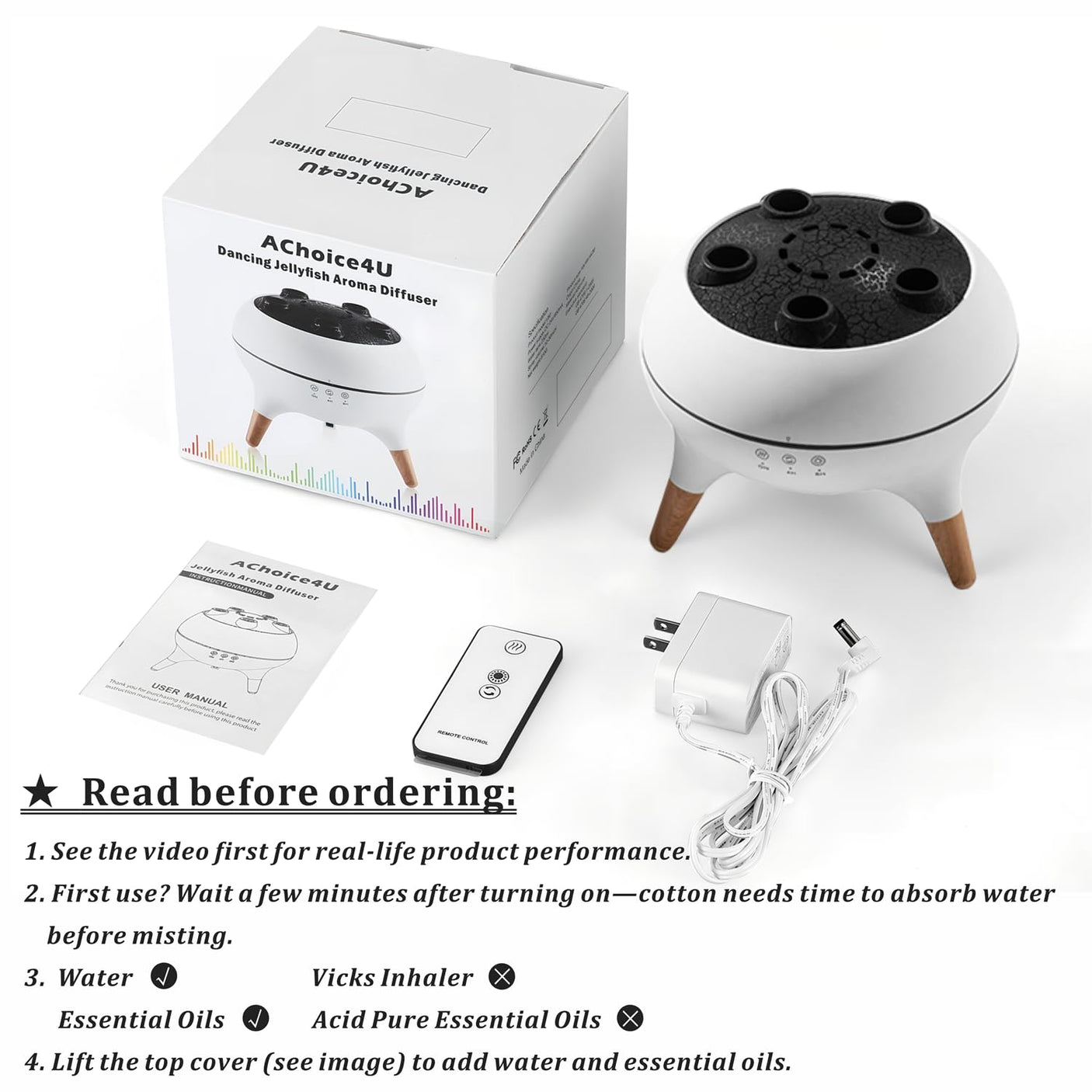 Essential Oil Diffuser 250ML Dancing Jellyfish Aromatherapy Diffuser Humidifier with 7 Colors LED Lights,Remote Control,Plug in for Bedroom,Office (White)
