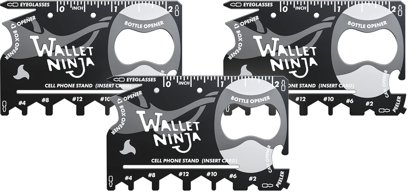 Wallet Ninja Multitool Card – 18 in 1 Credit Card Multi-Tool (Bottle Opener, Can Opener, Screwdrivers, Phone Stand & More) – Black