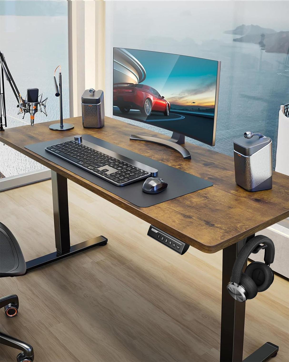 ErGear Height Adjustable Electric Standing Desk, 55 x 28 Inches Sit Stand up Desk, Large Memory Computer Home Office Desk with Two-Piece Desktop (Black)