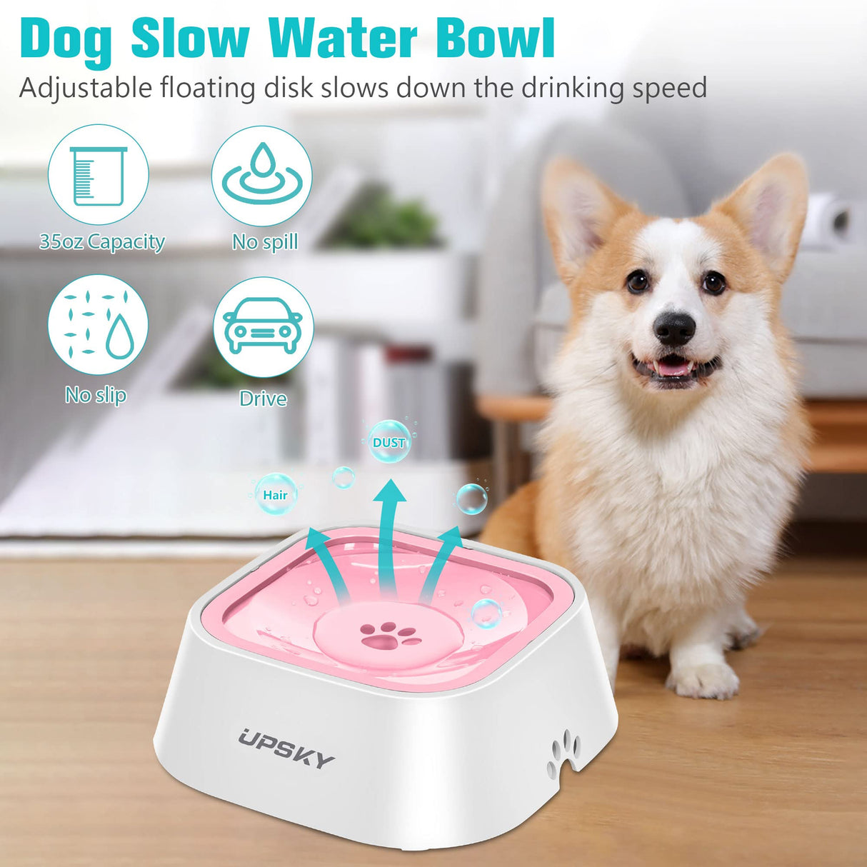 UPSKY Dog Bowl Dog Water Bowl No Spill Pet Water Bowl No Drip Slow Water Feeder Dog Bowl No-Slip Pet Water Dispenser 35oz Slow Drinking Bowl for Dogs and Cats