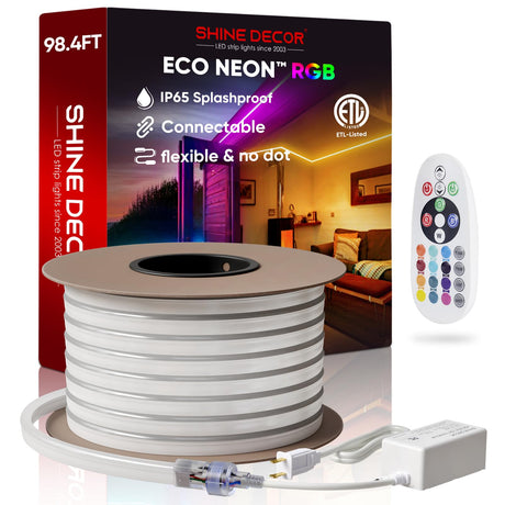 Shine Decor LED RGB Neon Rope Lights AC 120V, Expandable & Cuttable Bright Strip Lighting with Remote, Dimmable Color Changing, ETL Cold-Resistant & IP65 Waterproof for in&Outdoor, 10x20mm, 131.2FT