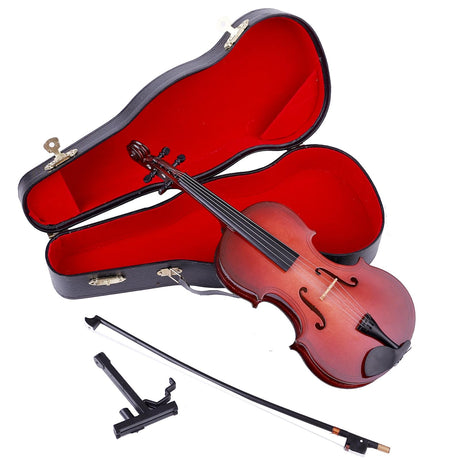 Wooden Miniature Violin with Stand, Bow and Case Mini Musical Instrument Violin Replica Collectible Figurines Dollhouse Accessories Model Home Decoration Display Ornament (3.15"x1.18"x0.59")