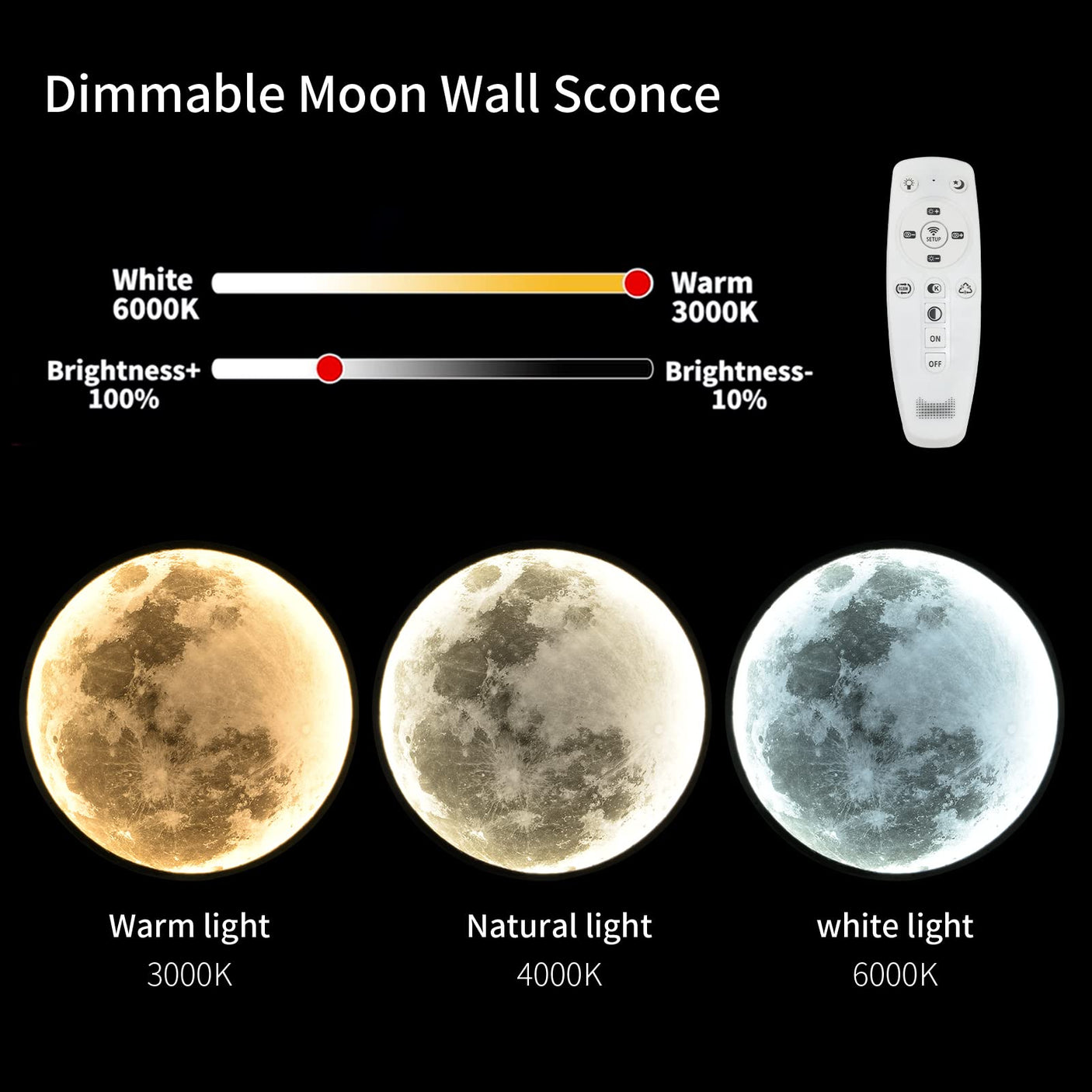 QIYIMEILUX Dimmable Moon Wall Sconce Plug in Modern LED Wall Light with Remote Control 19.7 inch 24W Black Wall Lamp Indoor Wall Mounted Lighting Ceiling Light for Living Room Bedroom（Moon）