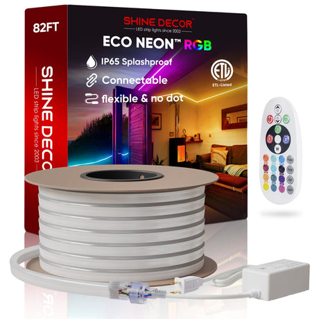 Shine Decor LED RGB Neon Rope Lights AC 120V, Expandable & Cuttable Bright Strip Lighting with Remote, Dimmable Color Changing, ETL Cold-Resistant & IP65 Waterproof for in&Outdoor, 10x20mm, 131.2FT