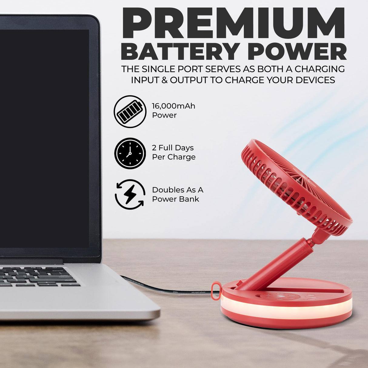 VENTY Original Portable Fan - Wireless Battery Operated Fan With 4 Speeds, LED Lighting, Carry Case & Remote Control - Premium Travel Rechargeable Fan & Power Bank With USB & USB-C Ports (Black)