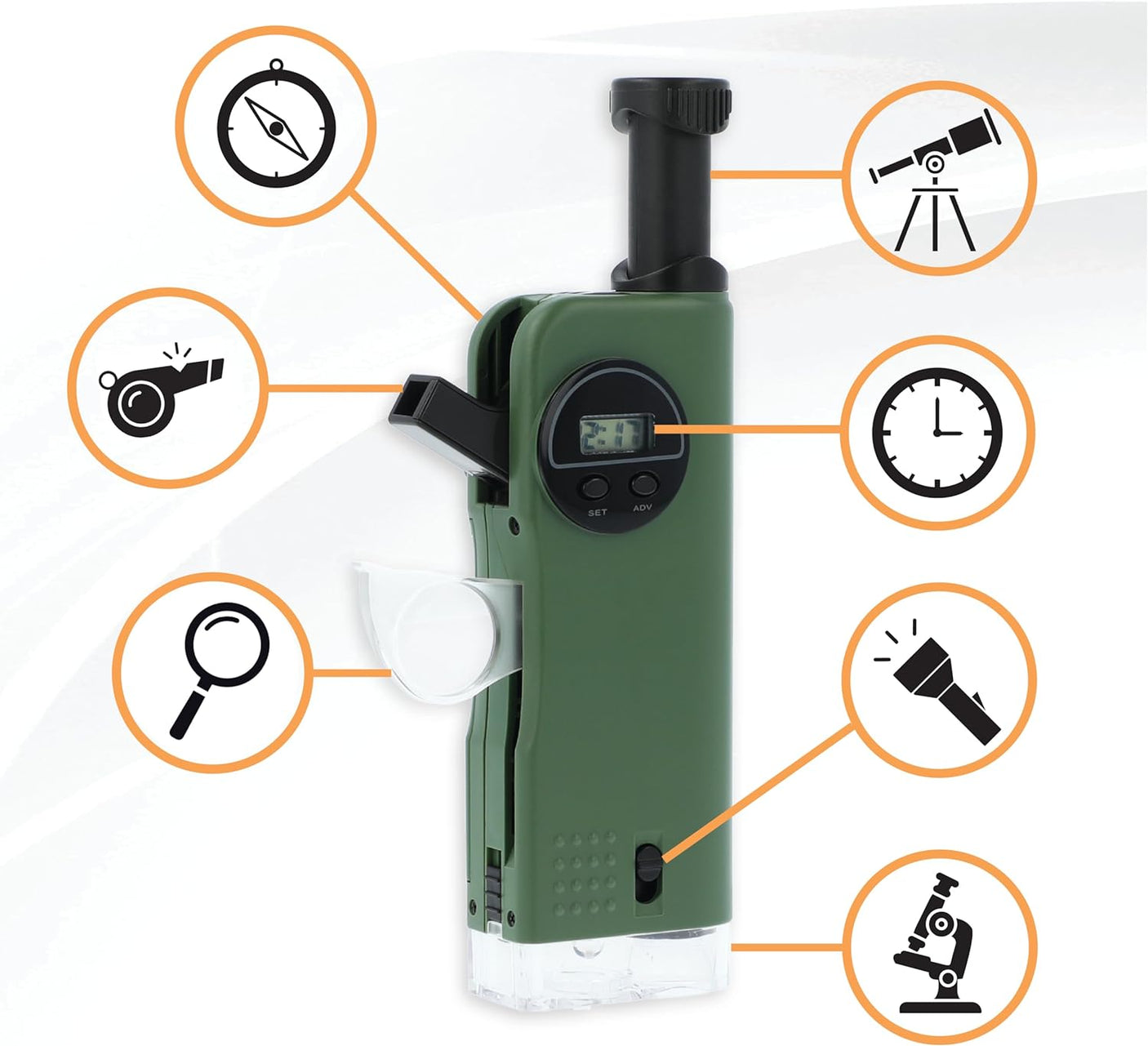 Carson X-Scope Kids 7 Function Multi Purpose Optical Pocket Tool with 30x Microscope, 8x Telescope, 9x Fold-Out Magnifier, Flashlight, Signal Whistle, Directional Compass and Digital Clock (CP-11)
