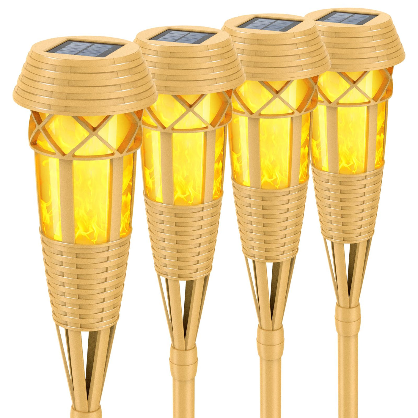 Flickering Flames Solar Powered Lights - Upgraded Solar Torches Waterproof Outdoor Decorative Lighting Auto On/Off, Handmade Bamboo Finish, 2-Pack