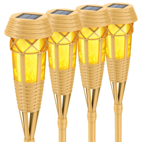 Flickering Flames Solar Powered Lights - Upgraded Solar Torches Waterproof Outdoor Decorative Lighting Auto On/Off, Handmade Bamboo Finish, 2-Pack