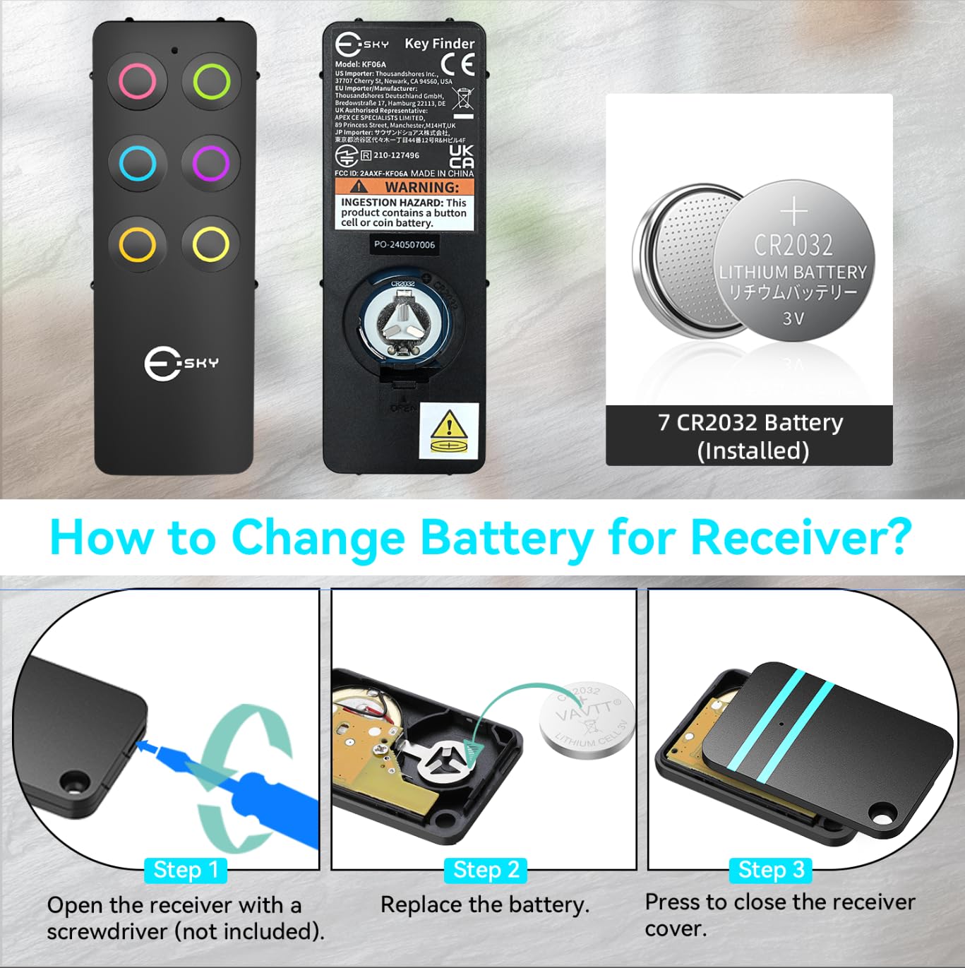 Esky Key Finder Locator with Sound, Stick-on TV Remote Control Finder, Item Locator Tags with 85dB Noise Sound 6 Receivers, Wallet Tracker Key Finders for Finding Keys, Remote Gift Idea