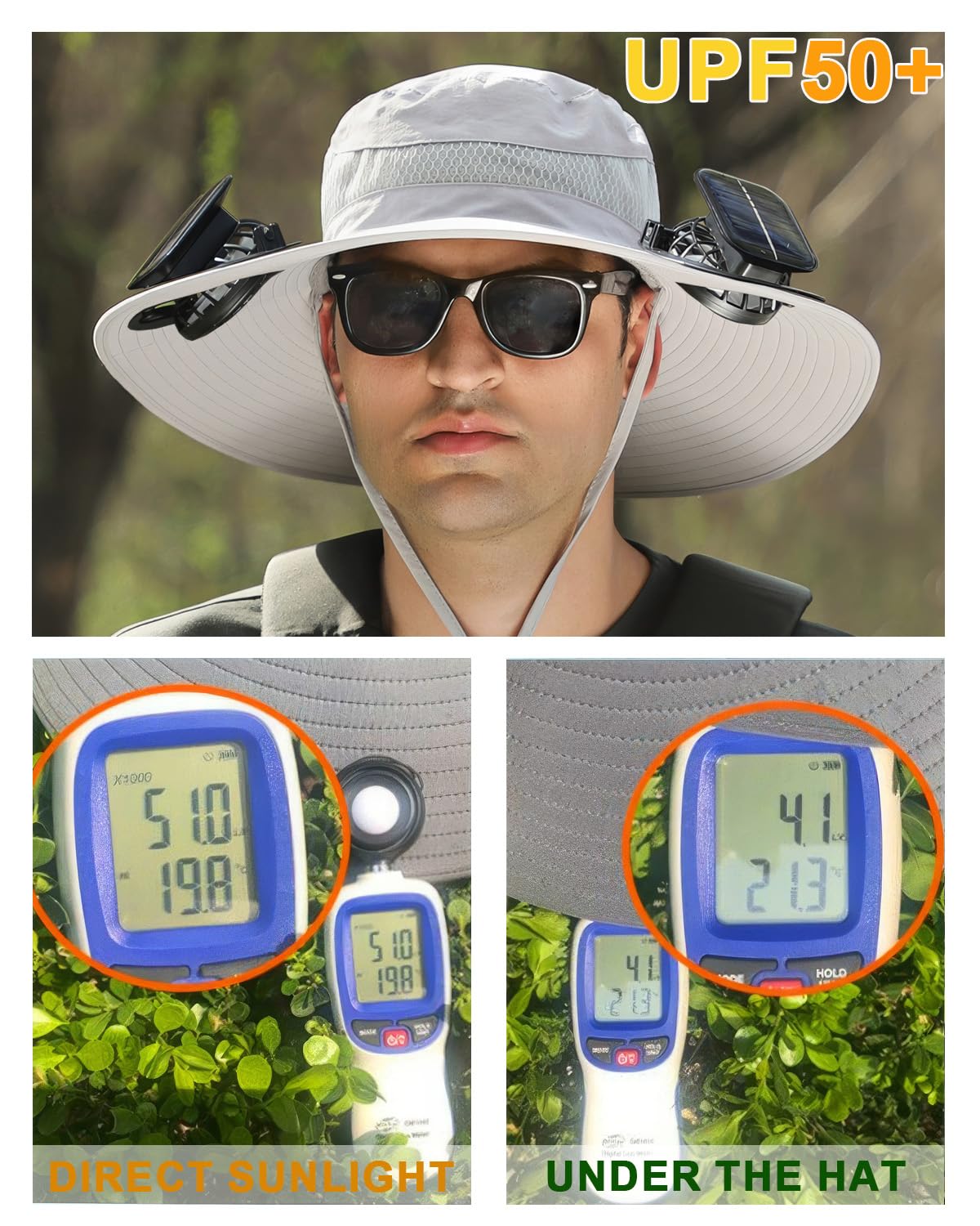 Wide Brim Solar Fan Outdoor Fishing Hat, Solar & USB Powered, Summer UV Protection Outdoor Fishing Hats UPF 50