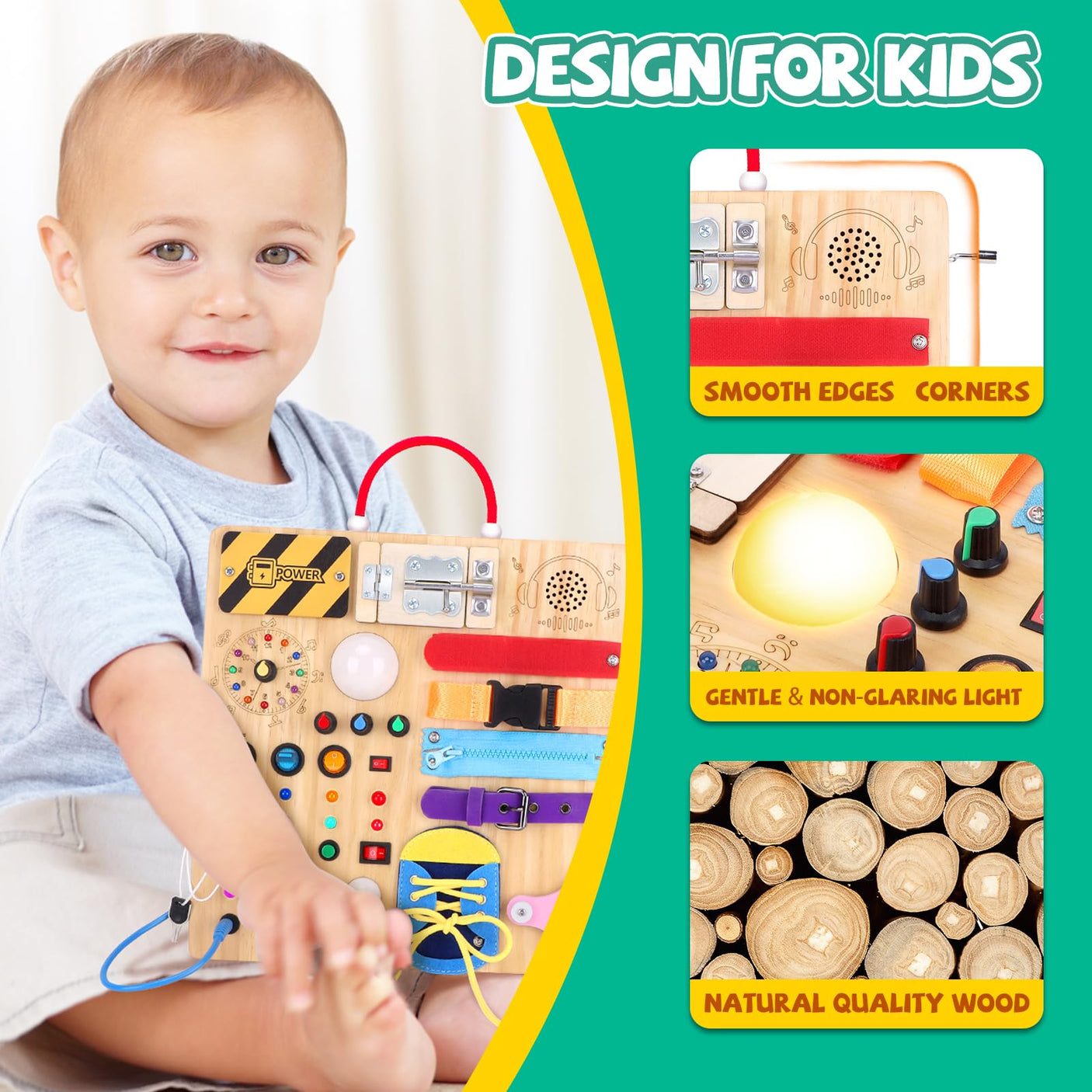 Busy Board, Montessori Toy for 1-3 Years Old, Wooden Toddler Sensory Travel Toy, Ideal Gift for 1+ Year Old Boys (Busy Board Plus V2), Medium, Yellow