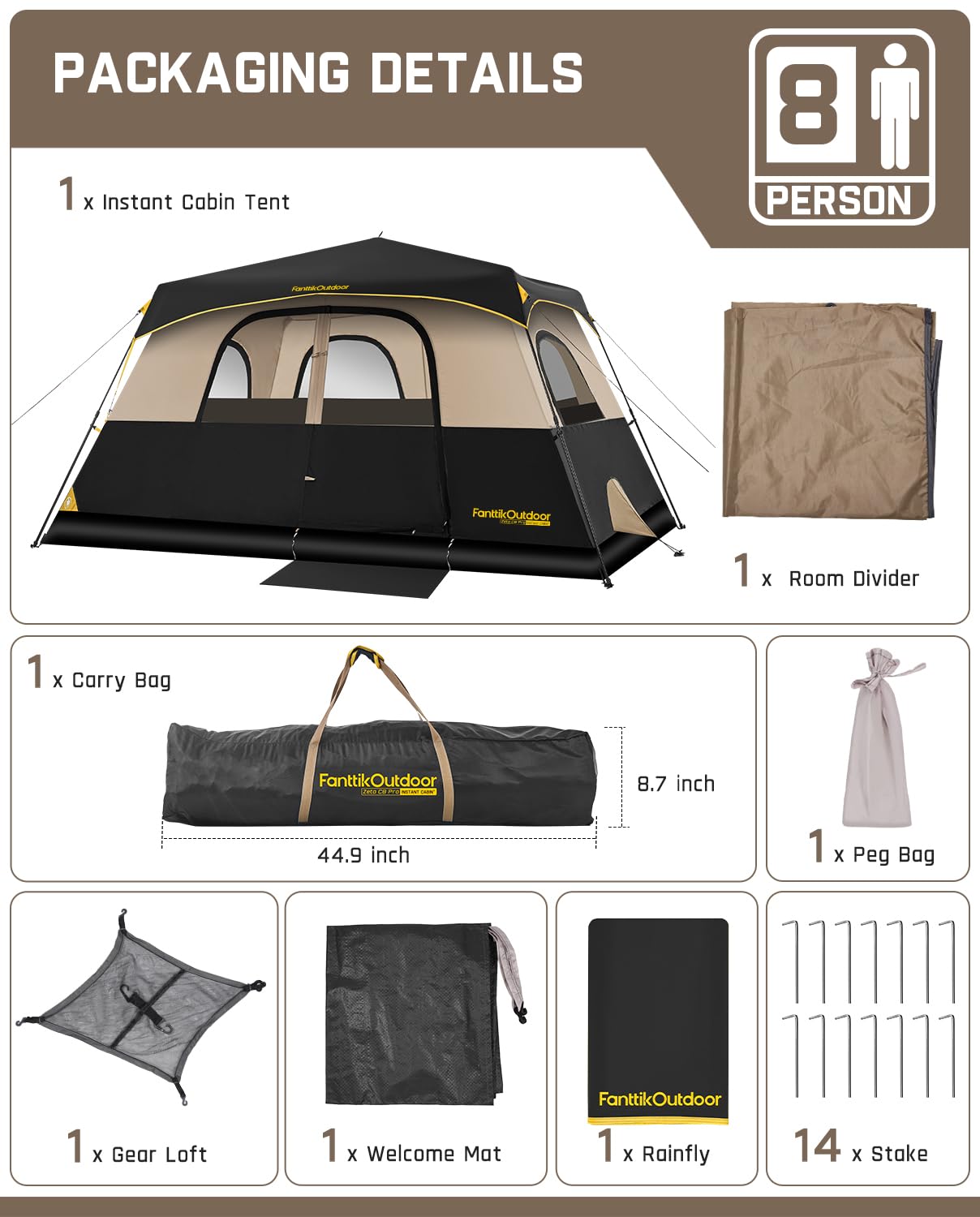 FanttikOutdoor Camping Tent 4/6/8/10 Person Instant Cabin Tent Setup in 60 Seconds with Rainfly & Windproof Portable with Carry Bag for Family Camping & Hiking
