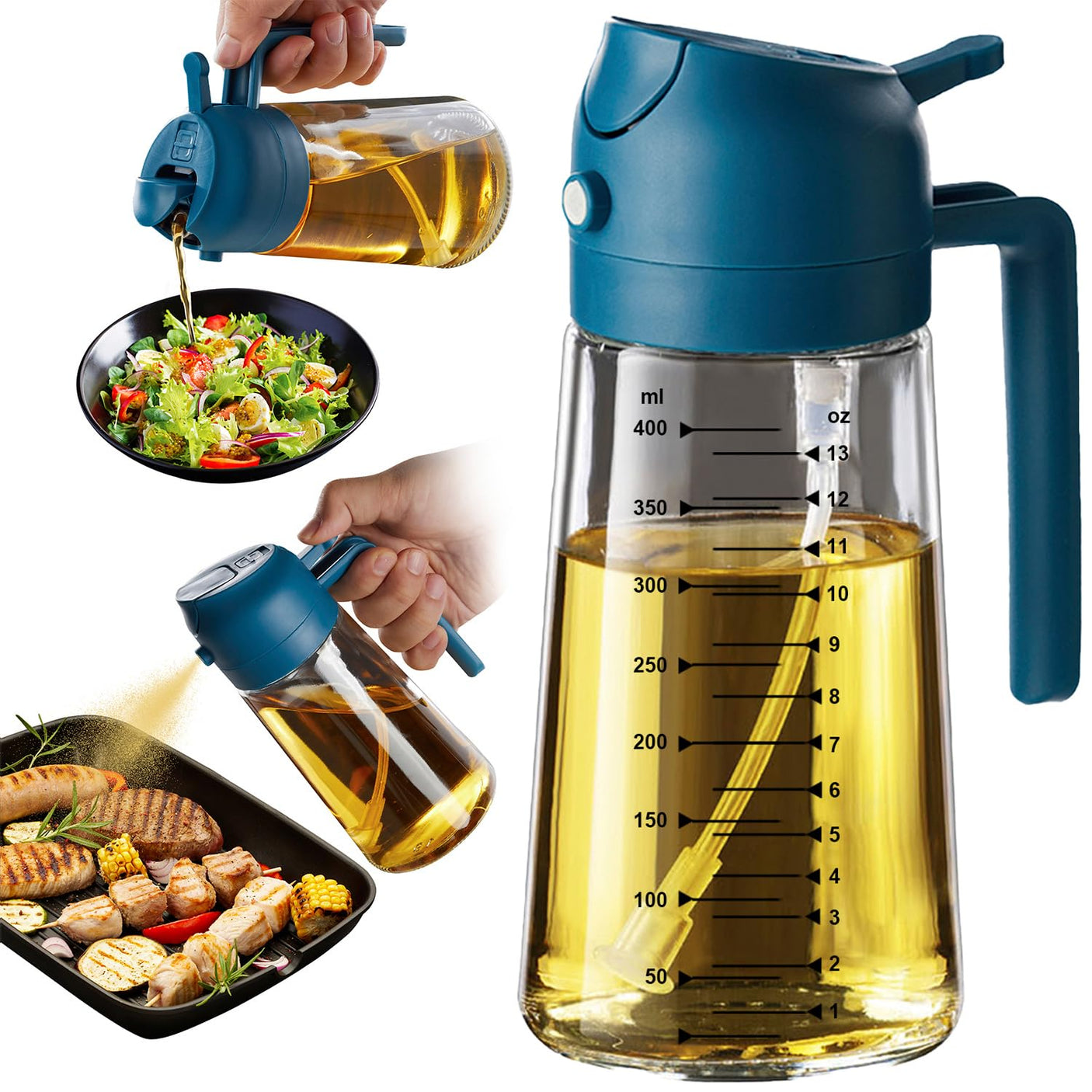 TrendPlain 16oz/470ml Glass Olive Oil Sprayer for Cooking - 2 in 1 Olive Oil Dispenser for Kitchen Gadgets, Air Fryer, Salad, and BBQ - Navy