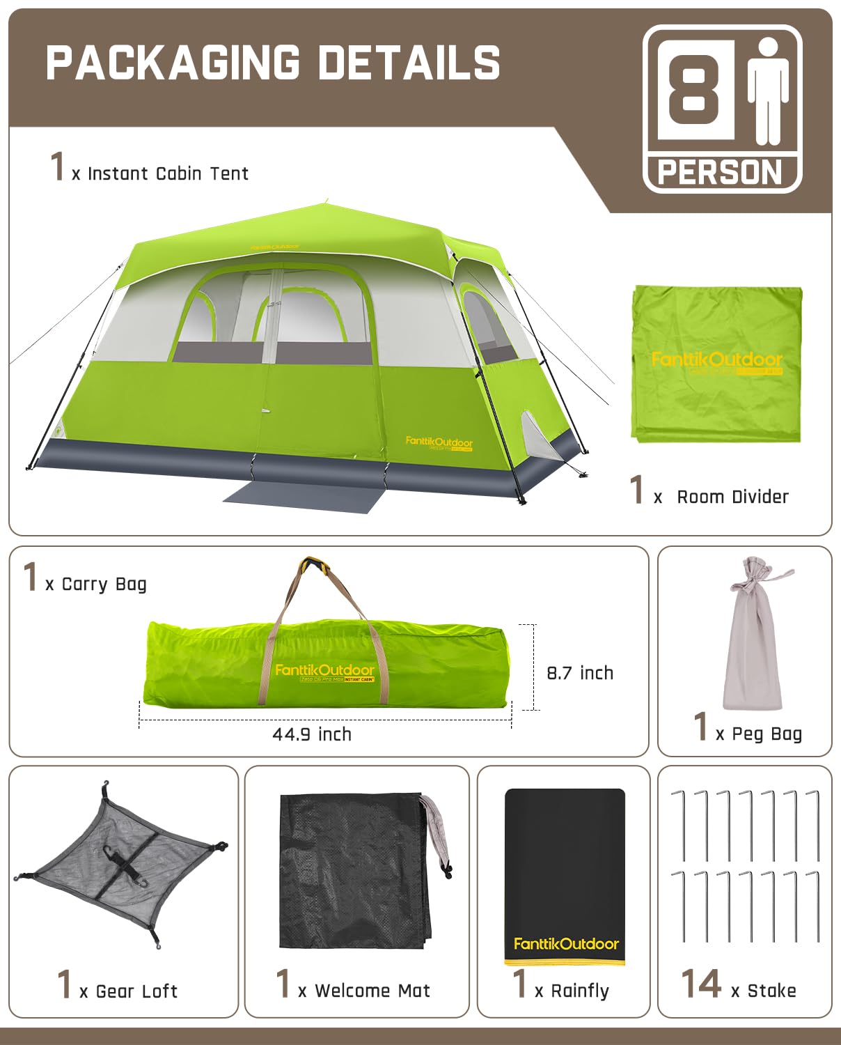FanttikOutdoor Camping Tent 4/6/8/10 Person Instant Cabin Tent Setup in 60 Seconds with Rainfly & Windproof Portable with Carry Bag for Family Camping & Hiking